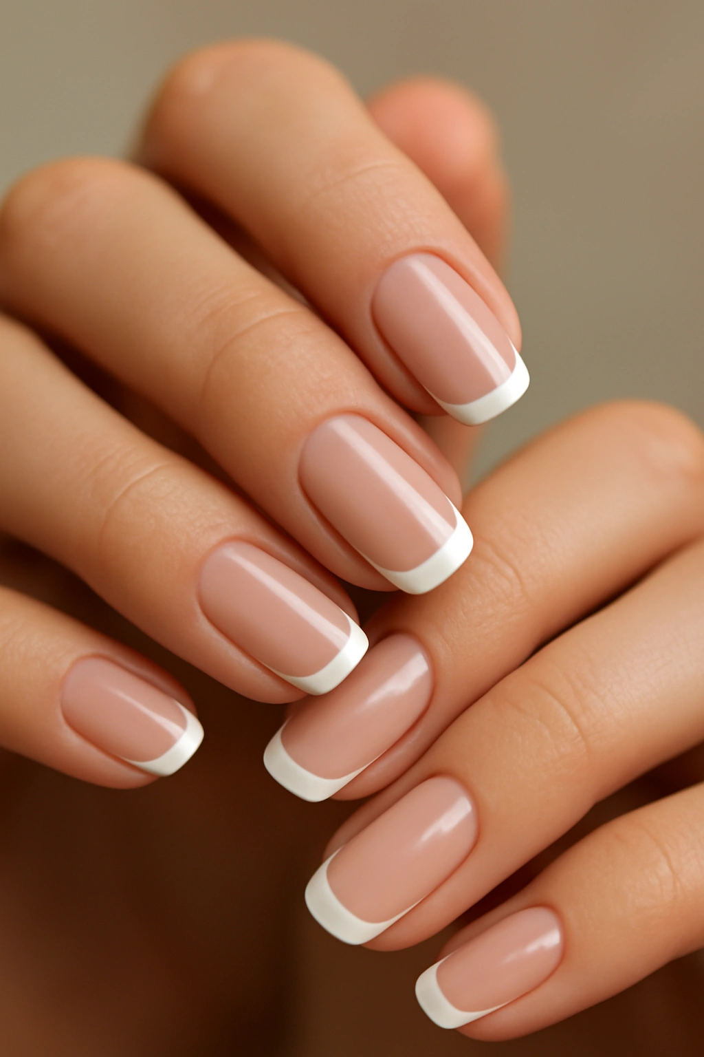Close-up of classic French manicure with white tips on a sheer pink base