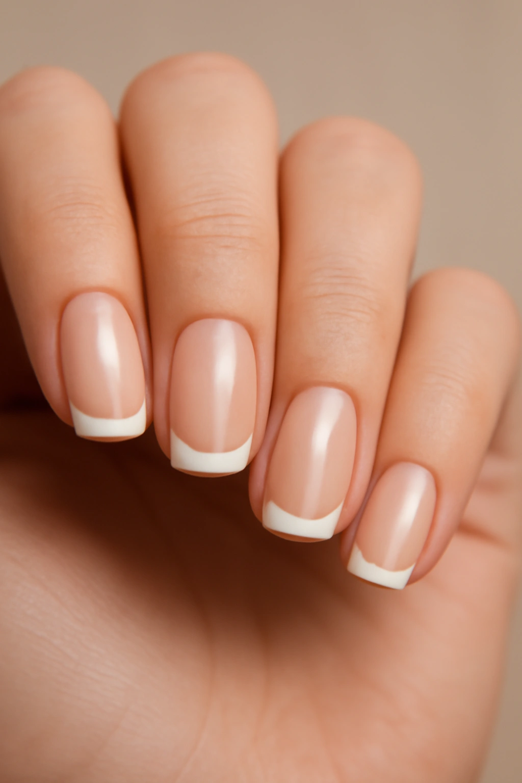 Close-up of French manicure nails with pale pink base and white tips