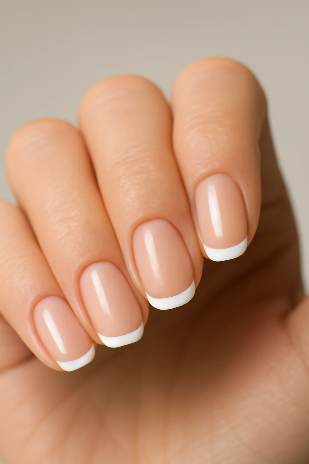 Close-up of a hand showing a classic French manicure with nude base and white tips