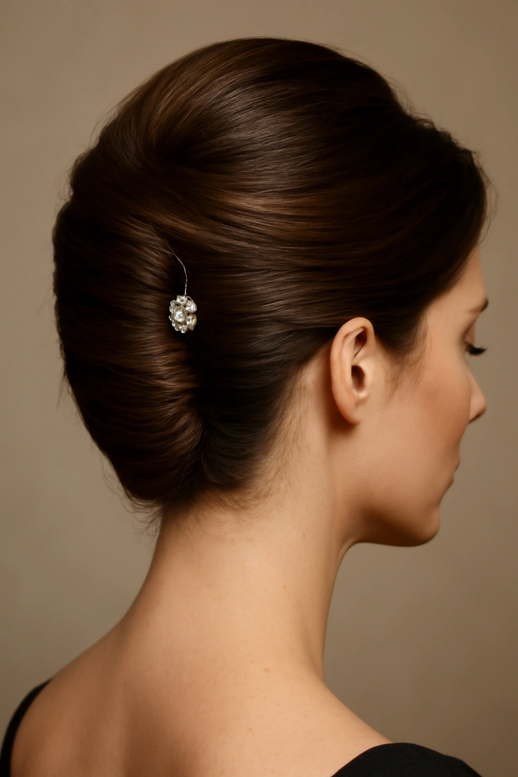 Close-up profile of a sleek French twist updo at the nape with a subtle pin