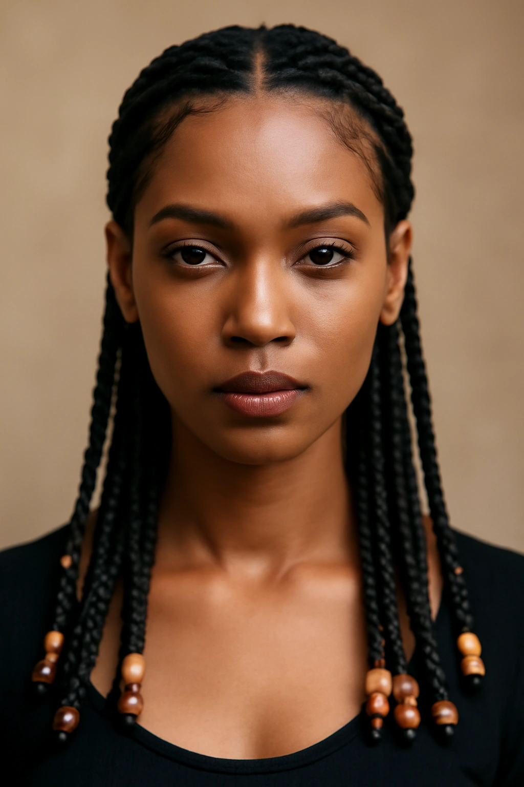 Fulani braids with central long braid and side braids with beads