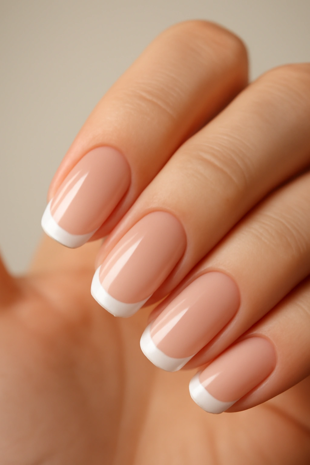 Close-up of gel French manicure with nude base and white tips