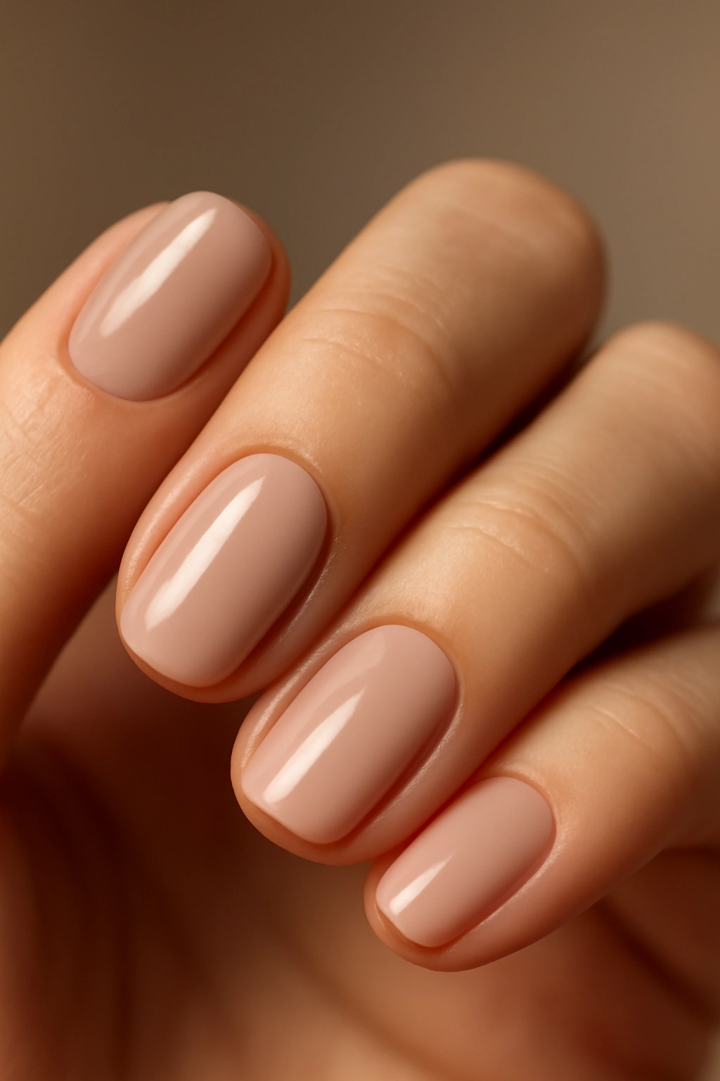 Close-up of nude gel-polished nails on a hand, short to medium length
