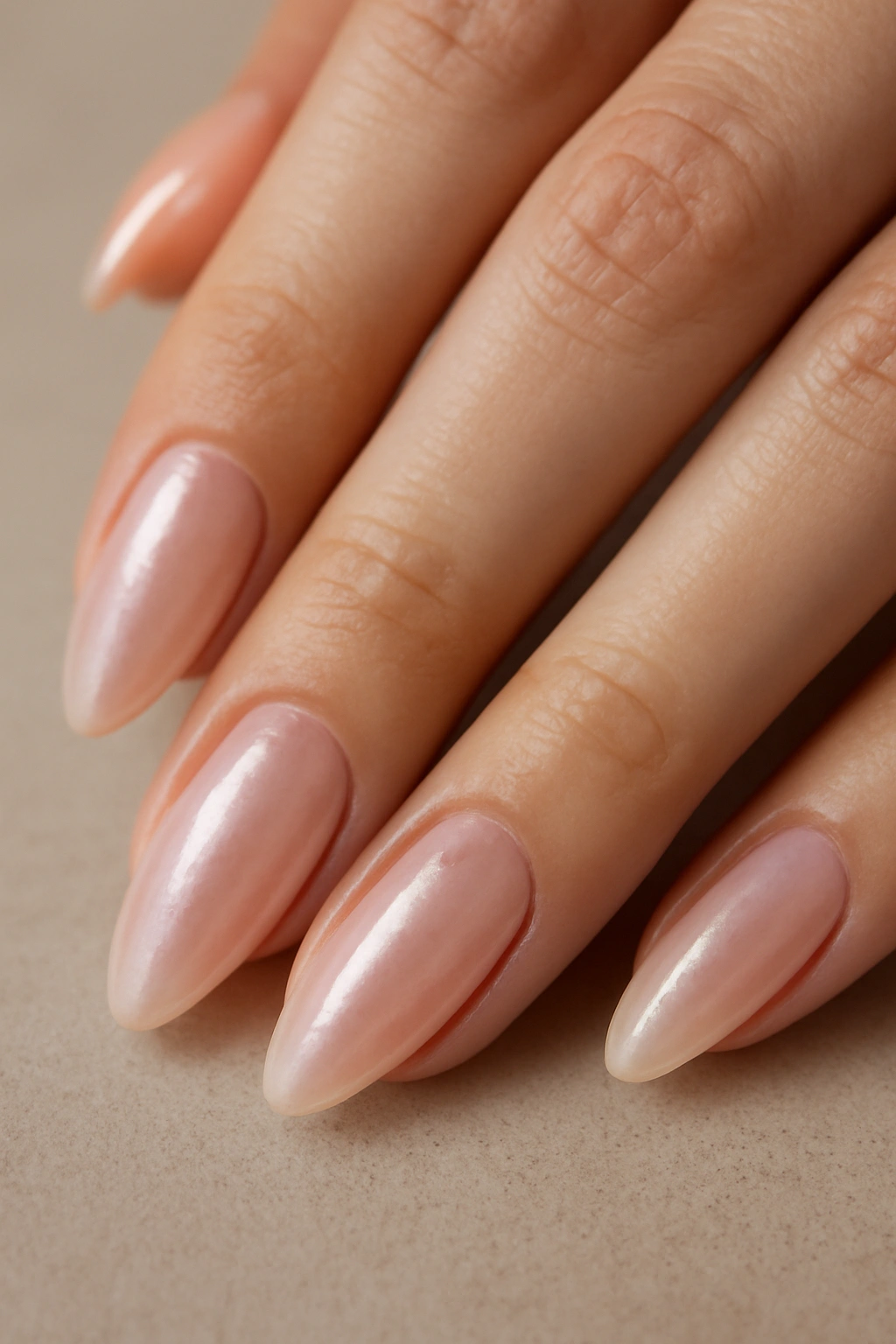 Almond nails with pearlescent glazed donut finish