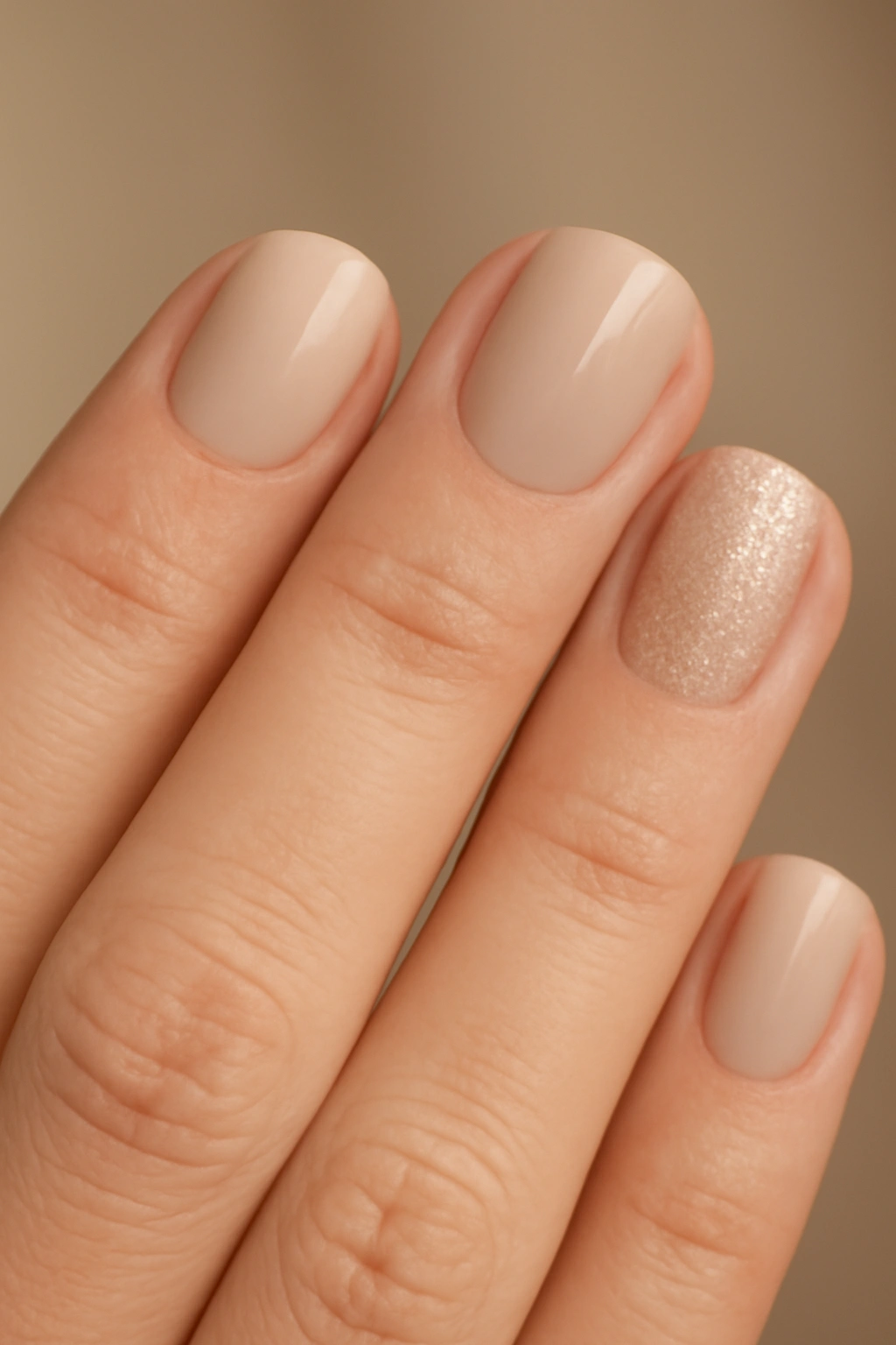Nails with subtle glitter accent on one nail against a neutral base