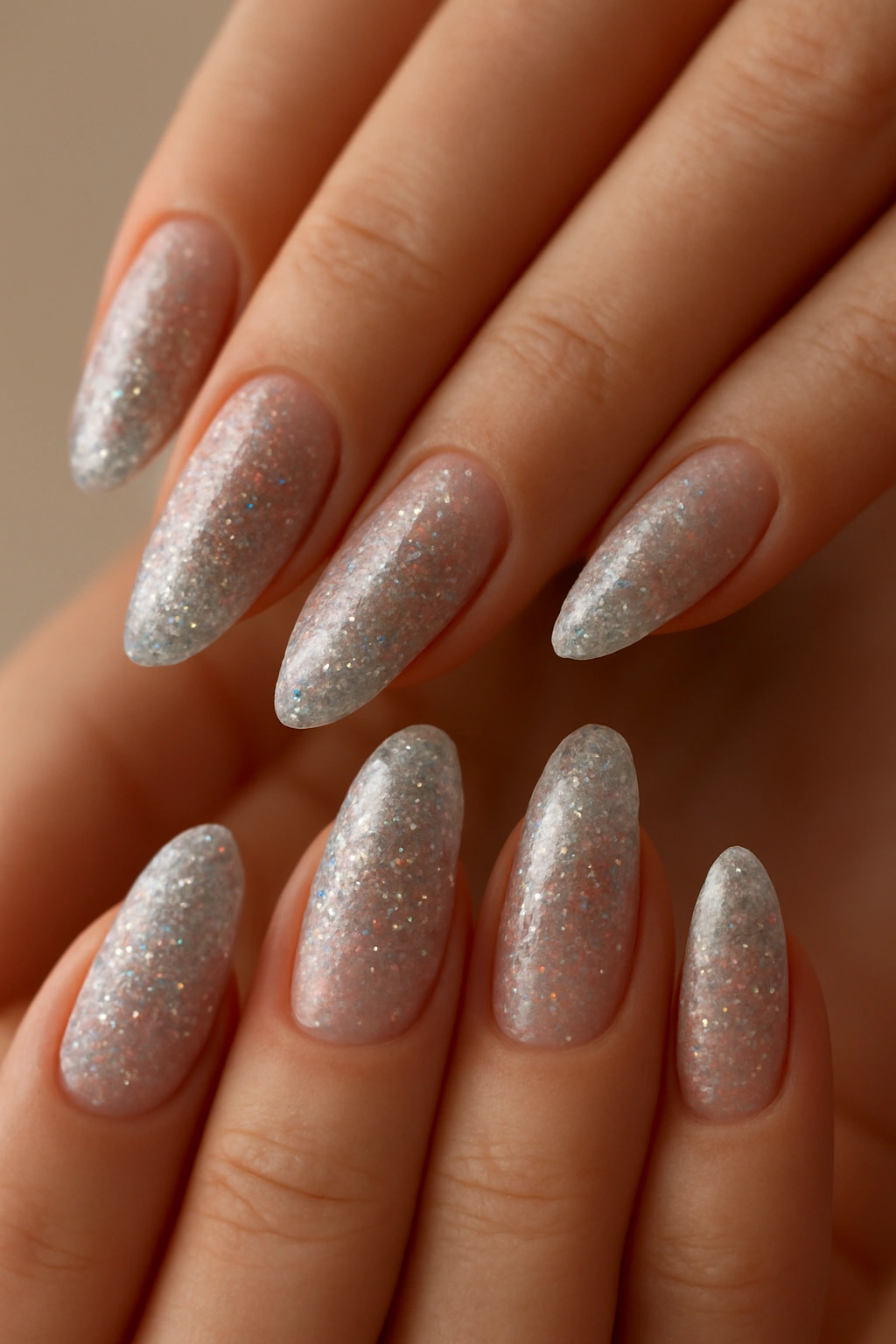 Close-up of Glitter Gradient Almond Nails with dense base glitter fading to tip