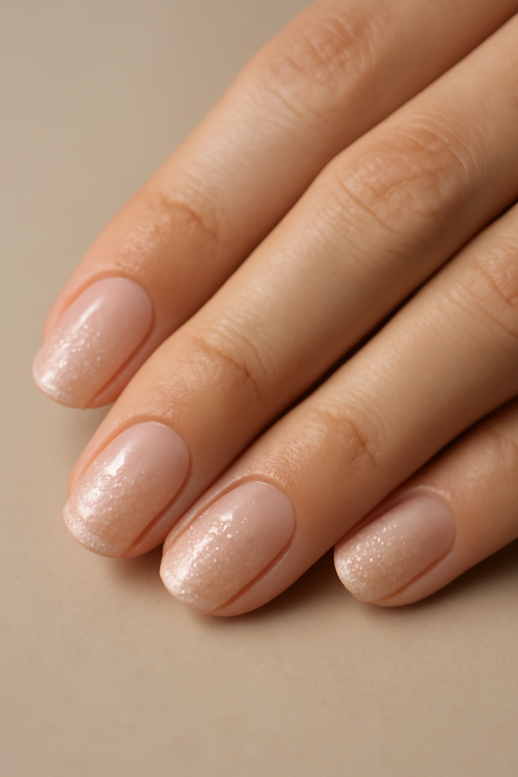 Close-up of nude-toned nails with subtle glitter ombre fading toward tips