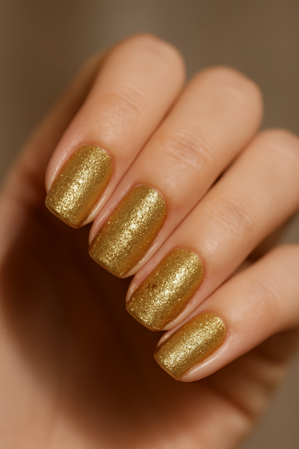 Close-up of glittery gold nails on a hand with a neutral background