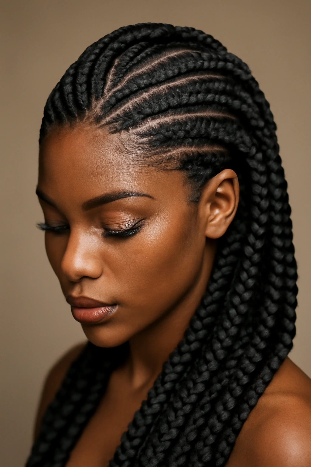 Glamorous thick goddess braids arranged in curves.