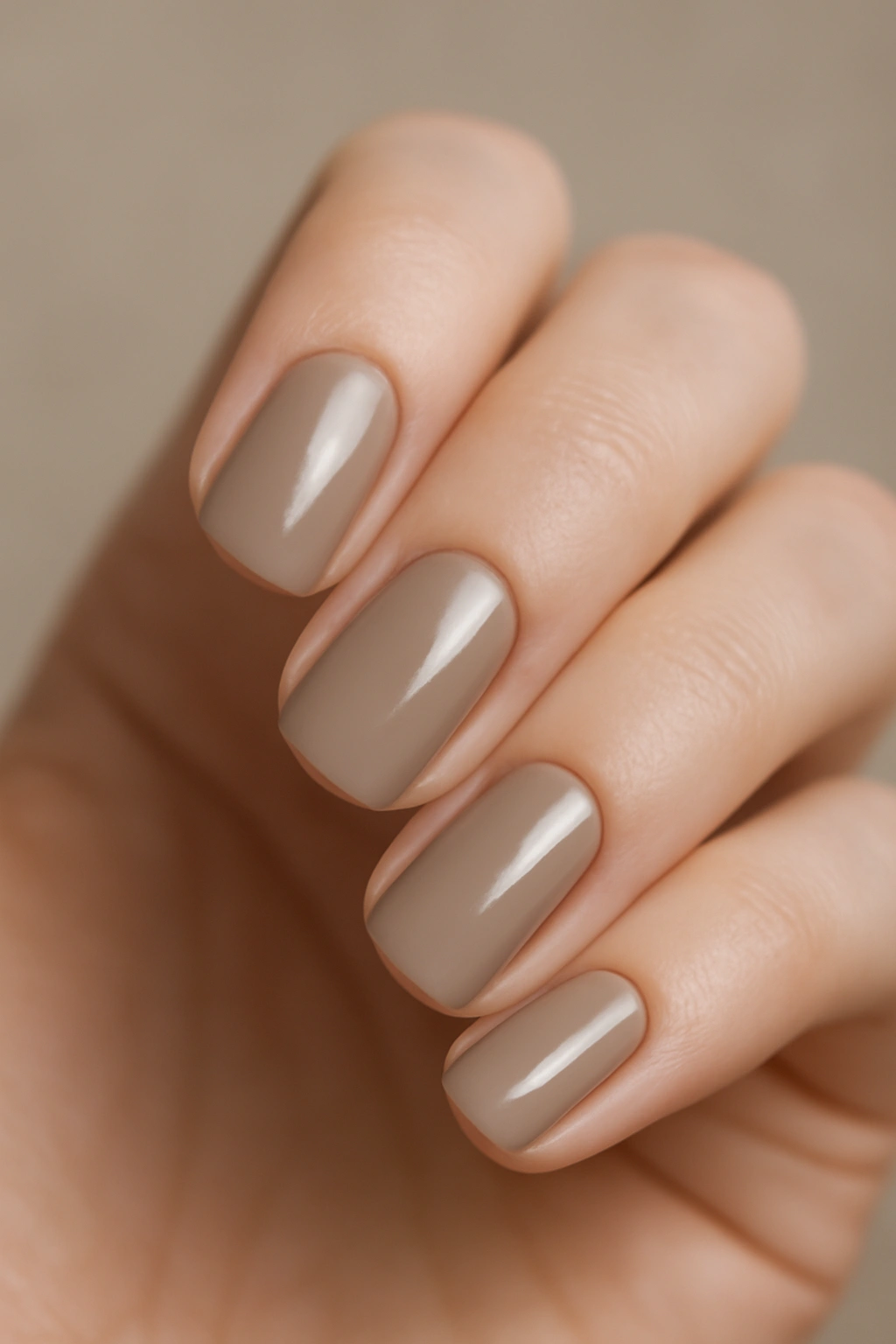 Close-up of greige nails showing grey-beige neutral polish