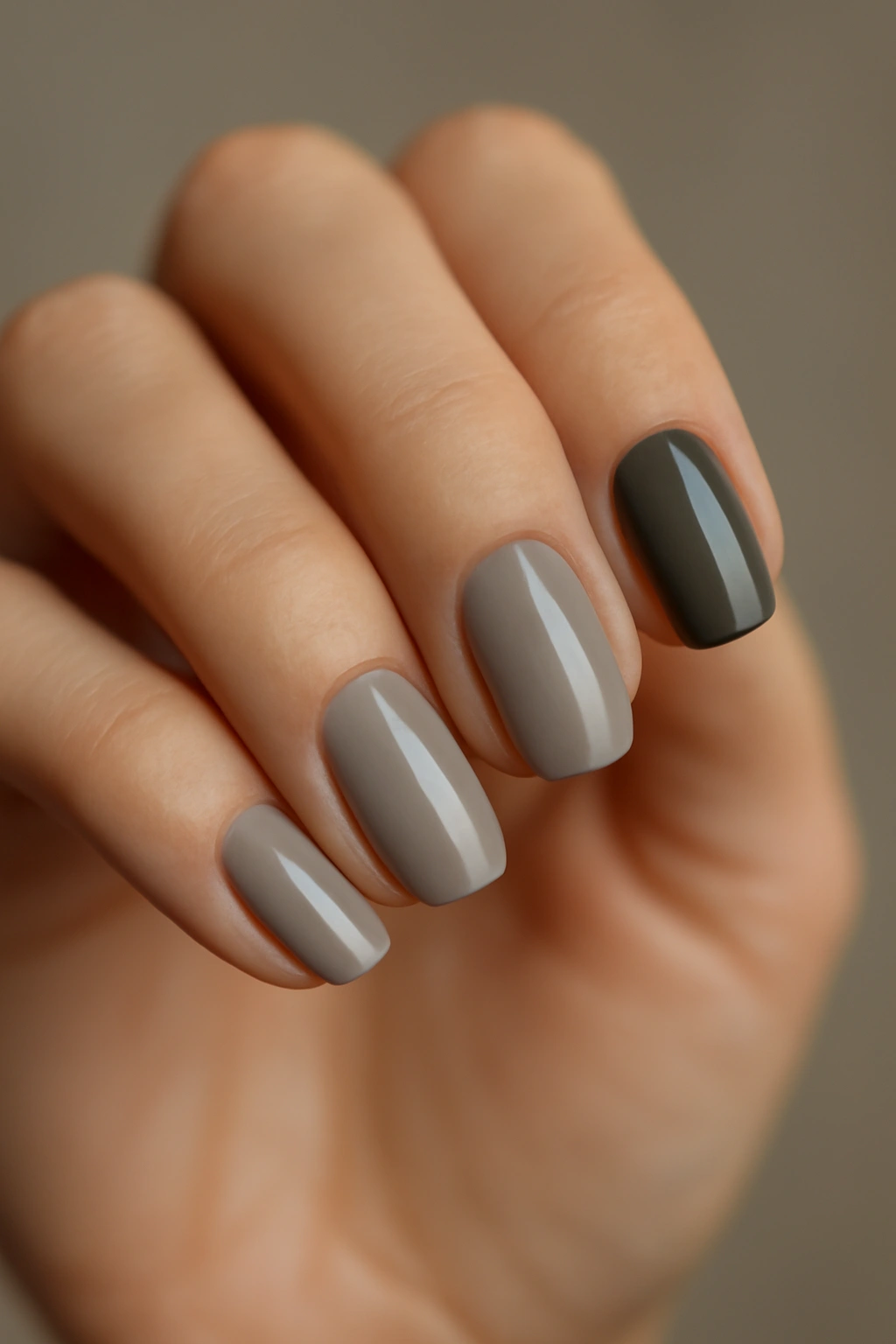 Close-up of grey nails on a hand in a modern shade.