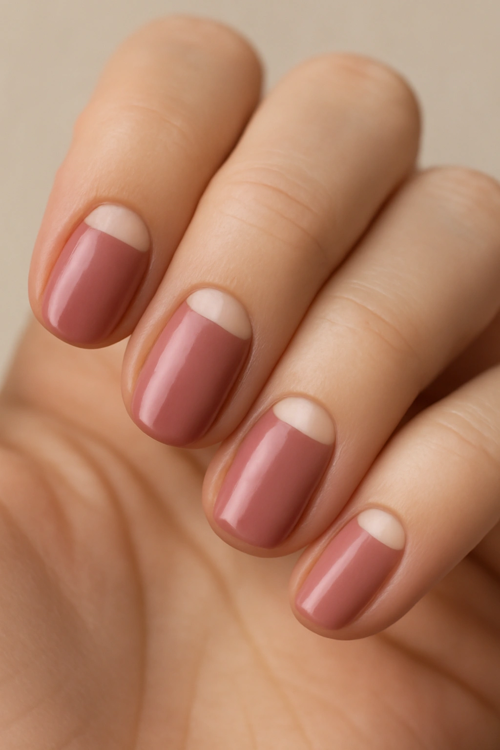 Nails with unpainted half-moon shapes at the base