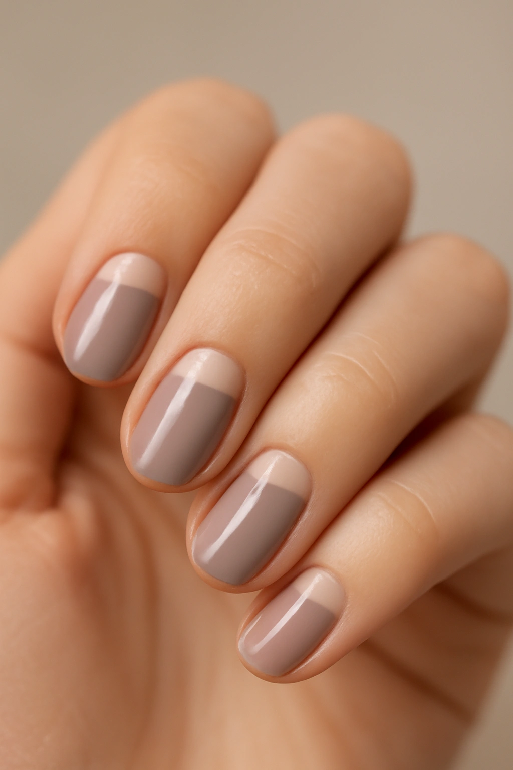 Close-up of nails showing half-moon manicure with muted base