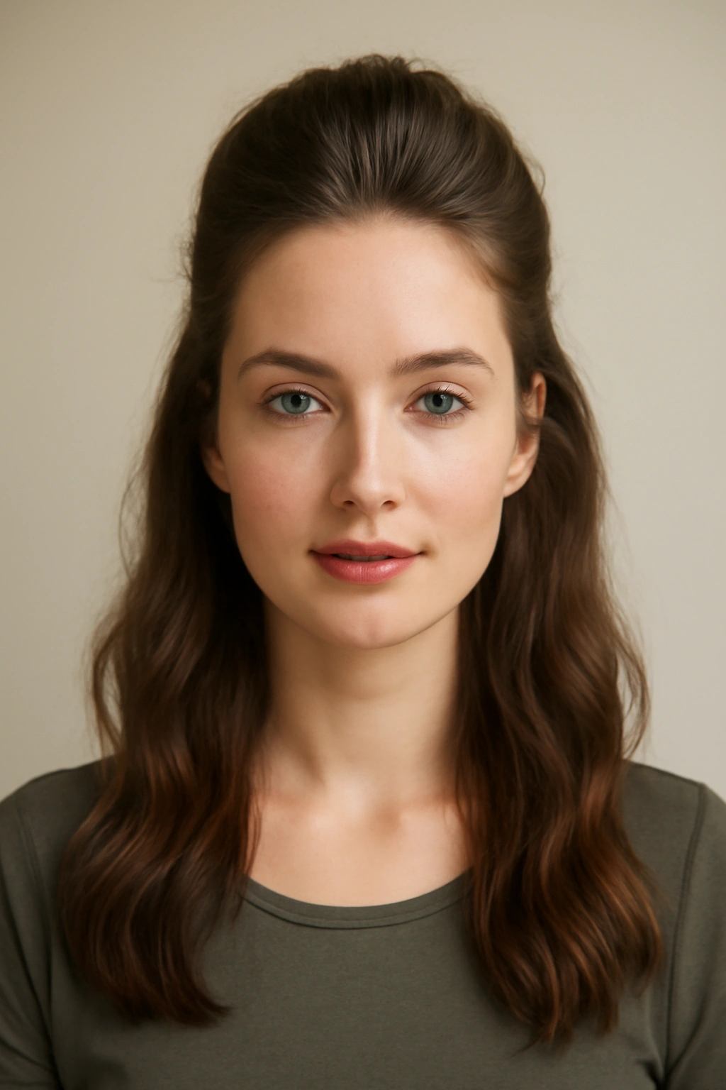 Half-up, half-down hairstyle with crown volume.