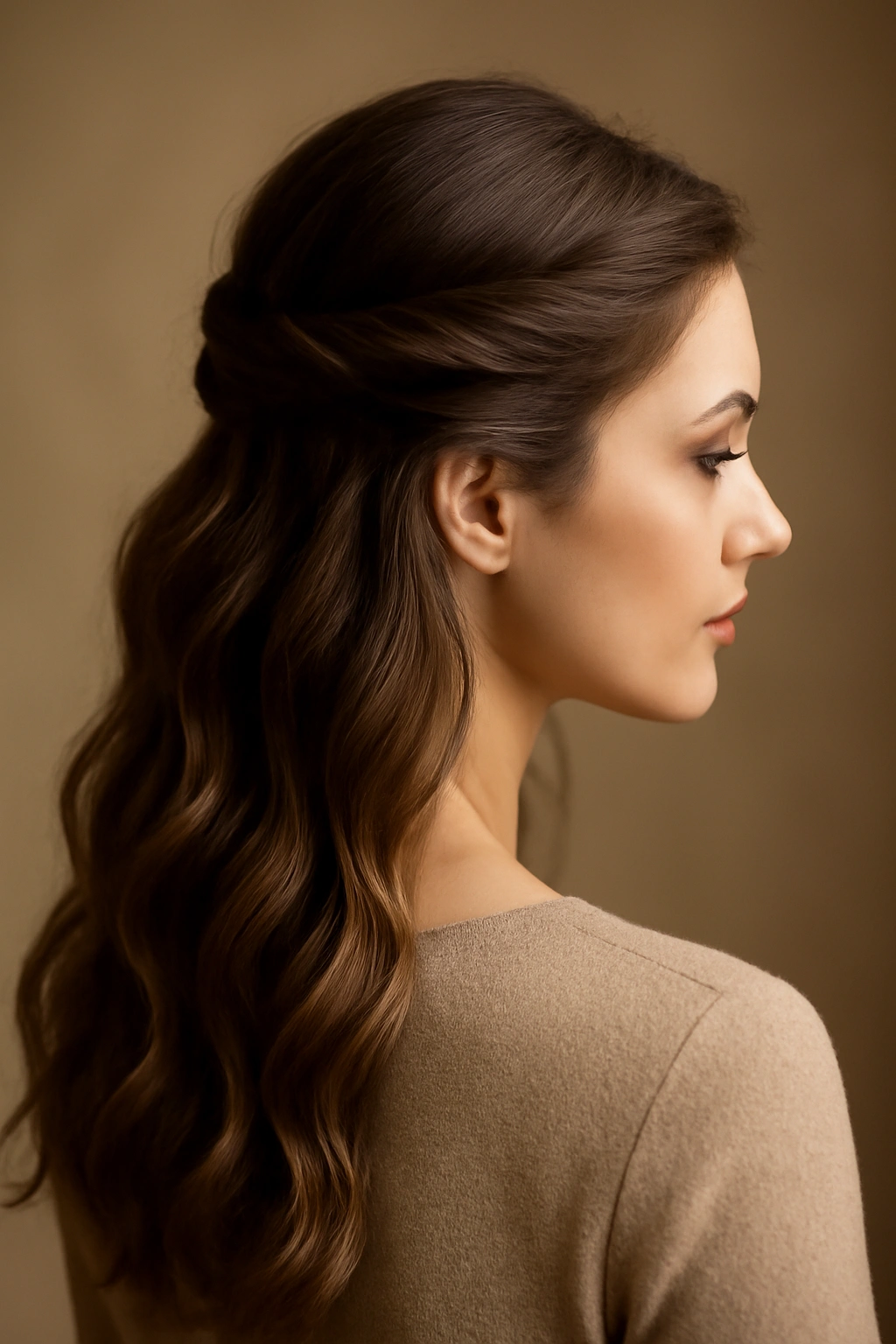 Three-quarter view of half-up half-down twist hairstyle