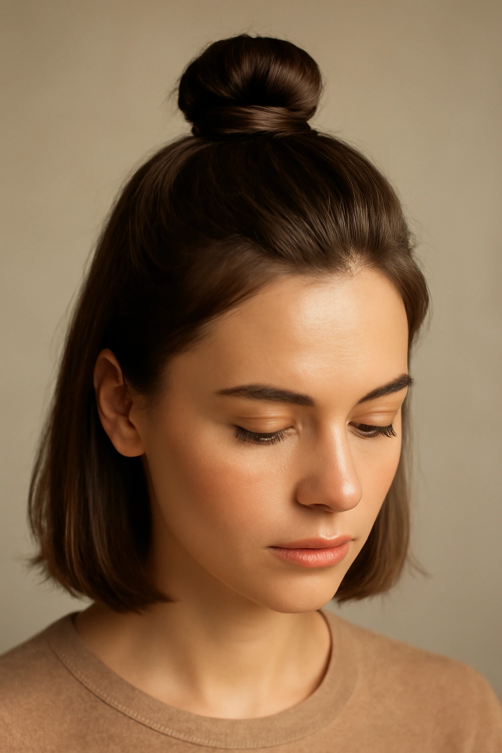 Sleek half-up top knot bun on crown area