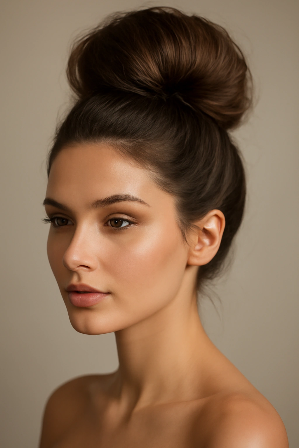 High bun perched on the crown with a sleek or tousled finish
