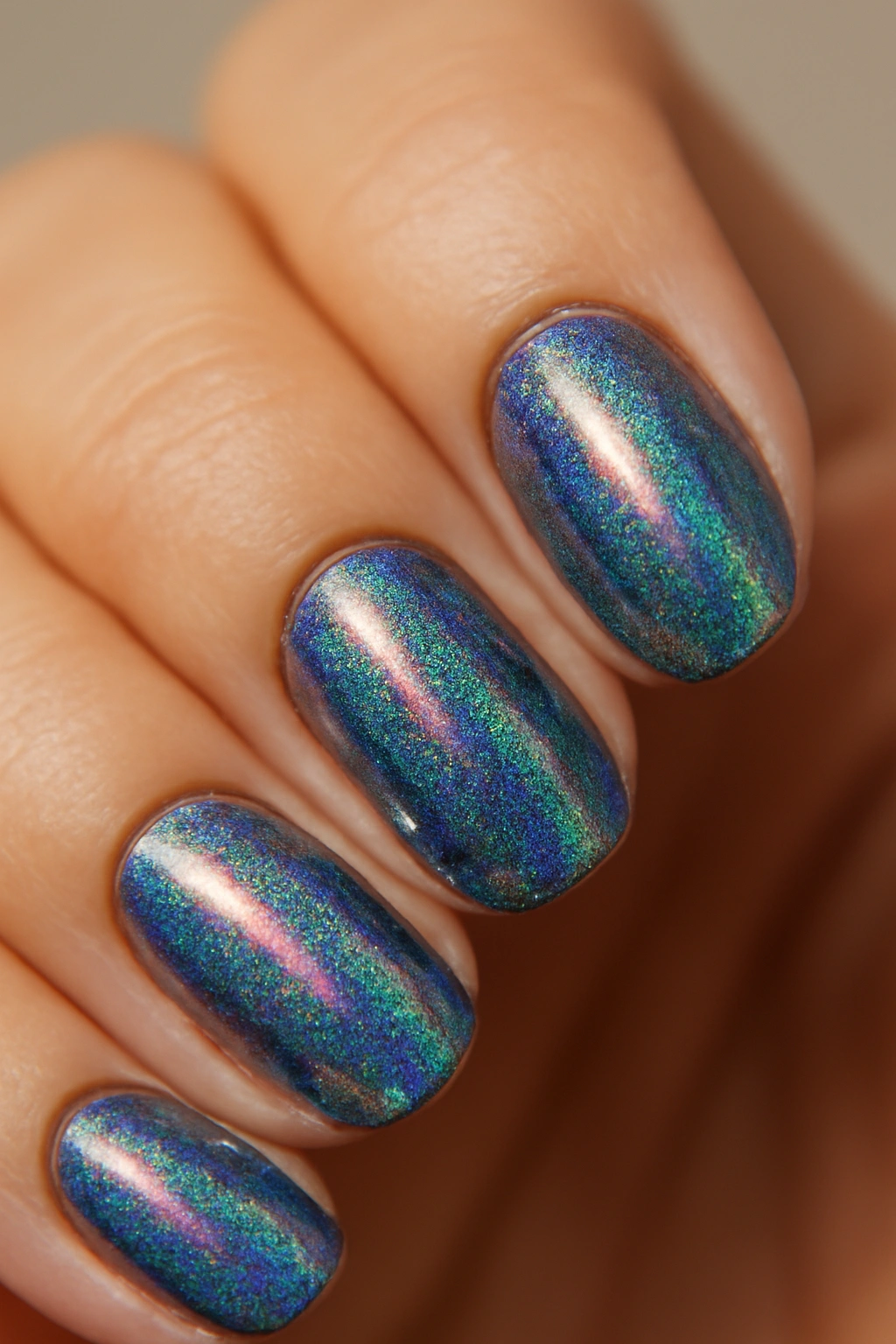 Close-up of holographic iridescent nails showing color shifts