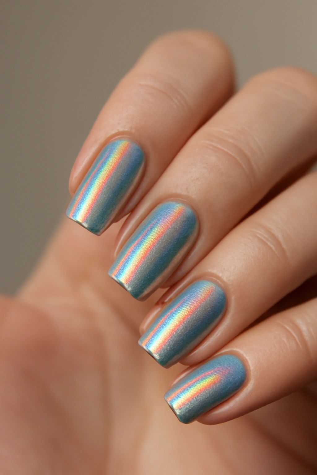 Holographic nails shimmering with rainbow colors.