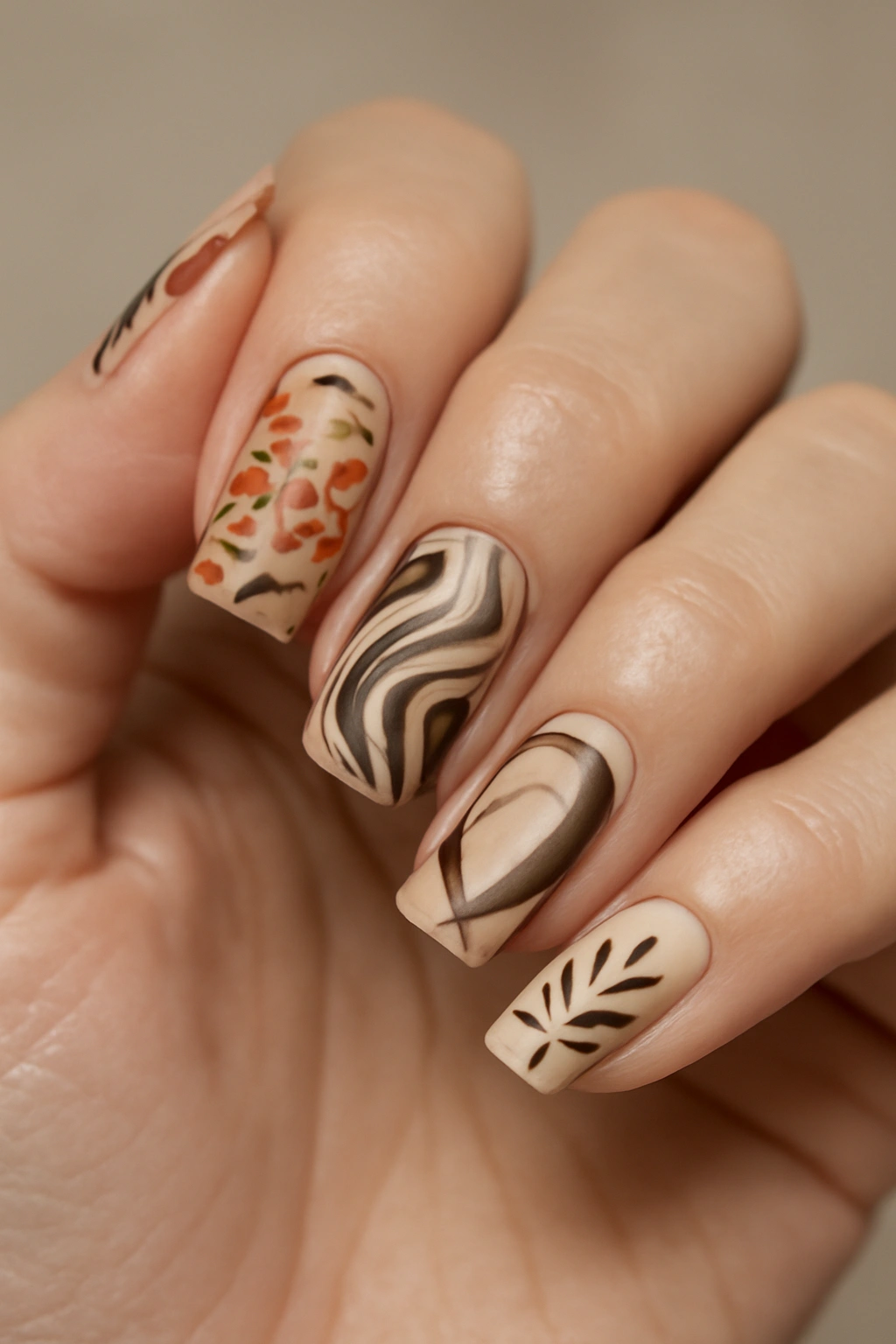 Close-up of nails with floral, abstract, and geometric intricate designs masking chips.