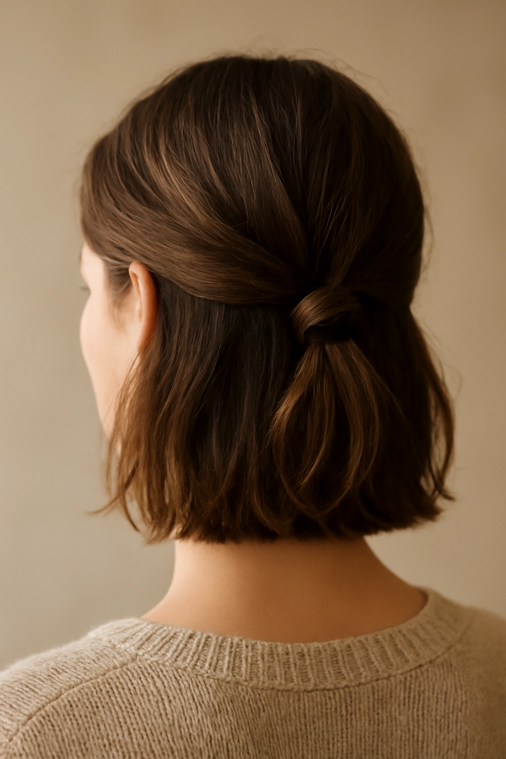 Close-up of short hair showing two sections tied in a low knot at the back of the head.