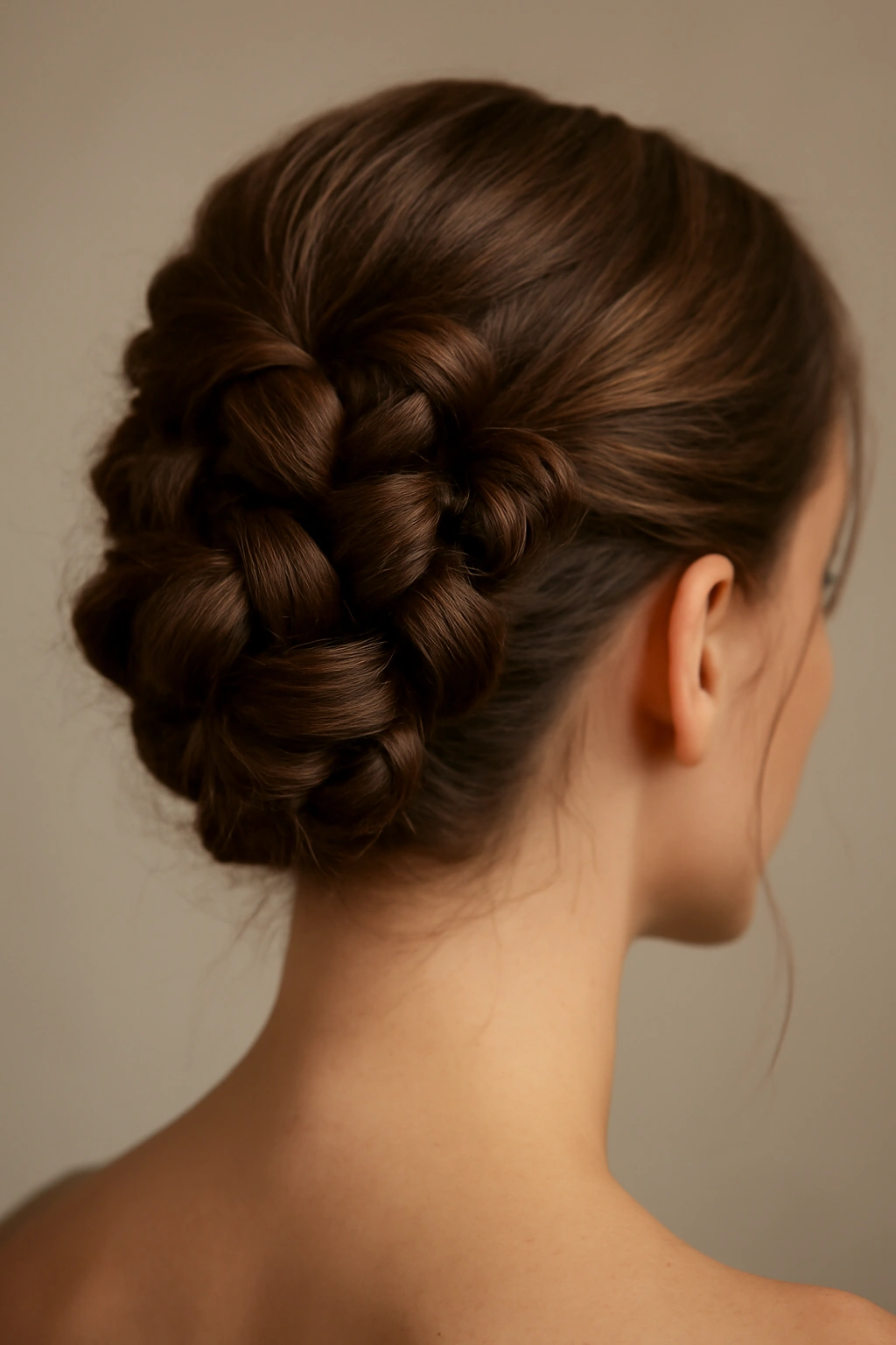 Close-up of knotted updo hairstyle with interwoven knots and glossy finish