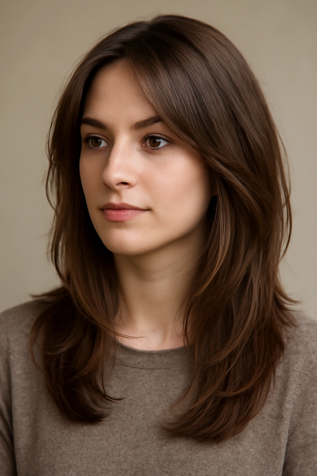 Person with layered medium-to-long hair framing the face