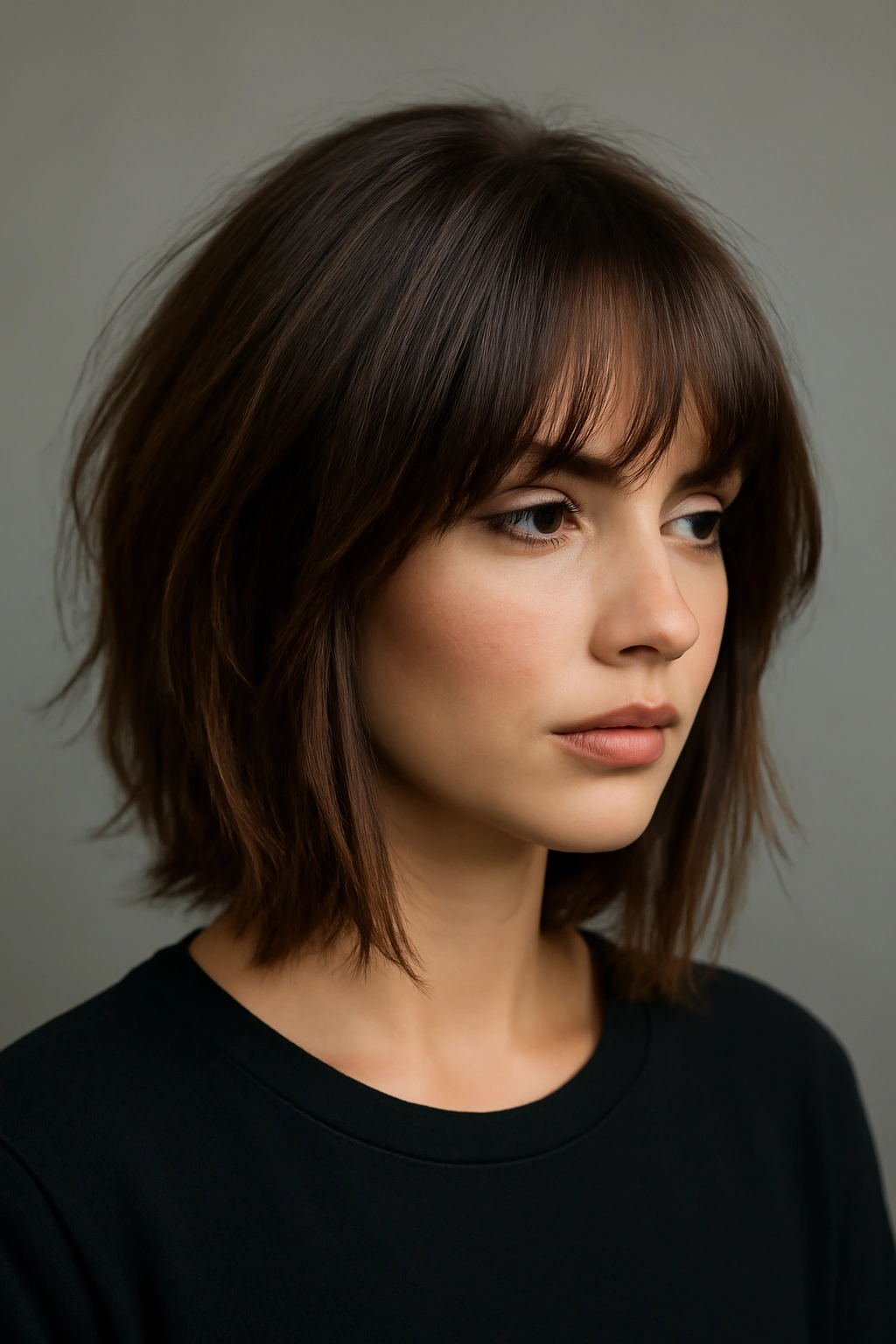Close-up of layered lob with bangs on shoulder-length hair