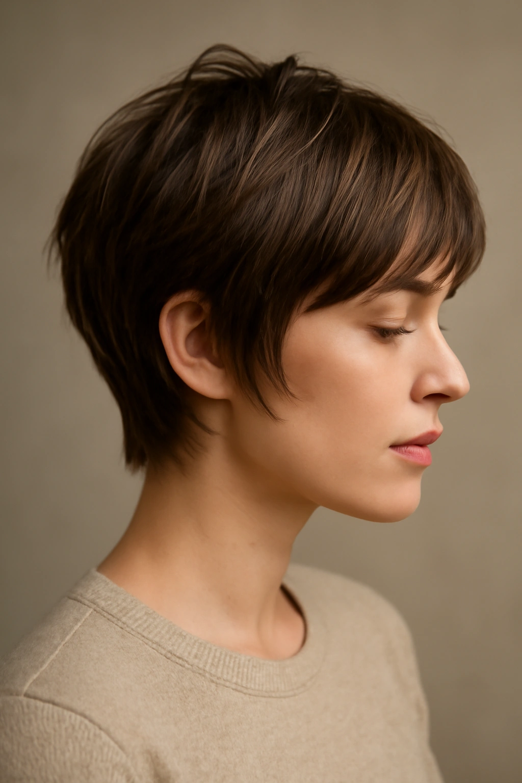 Side-profile of layered pixie with long bangs framing the face.