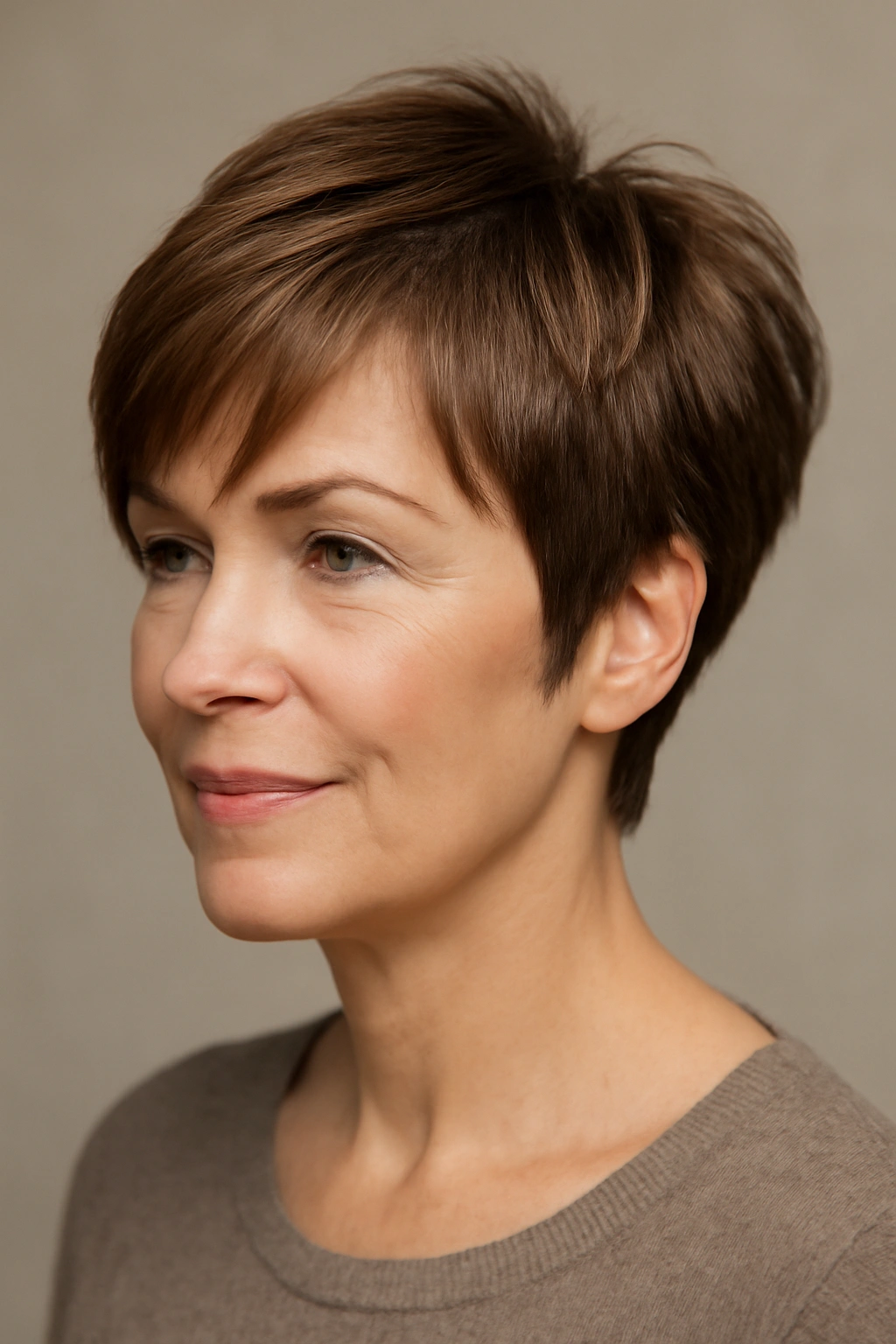 Portrait of layered pixie with side bangs showing textured layers.