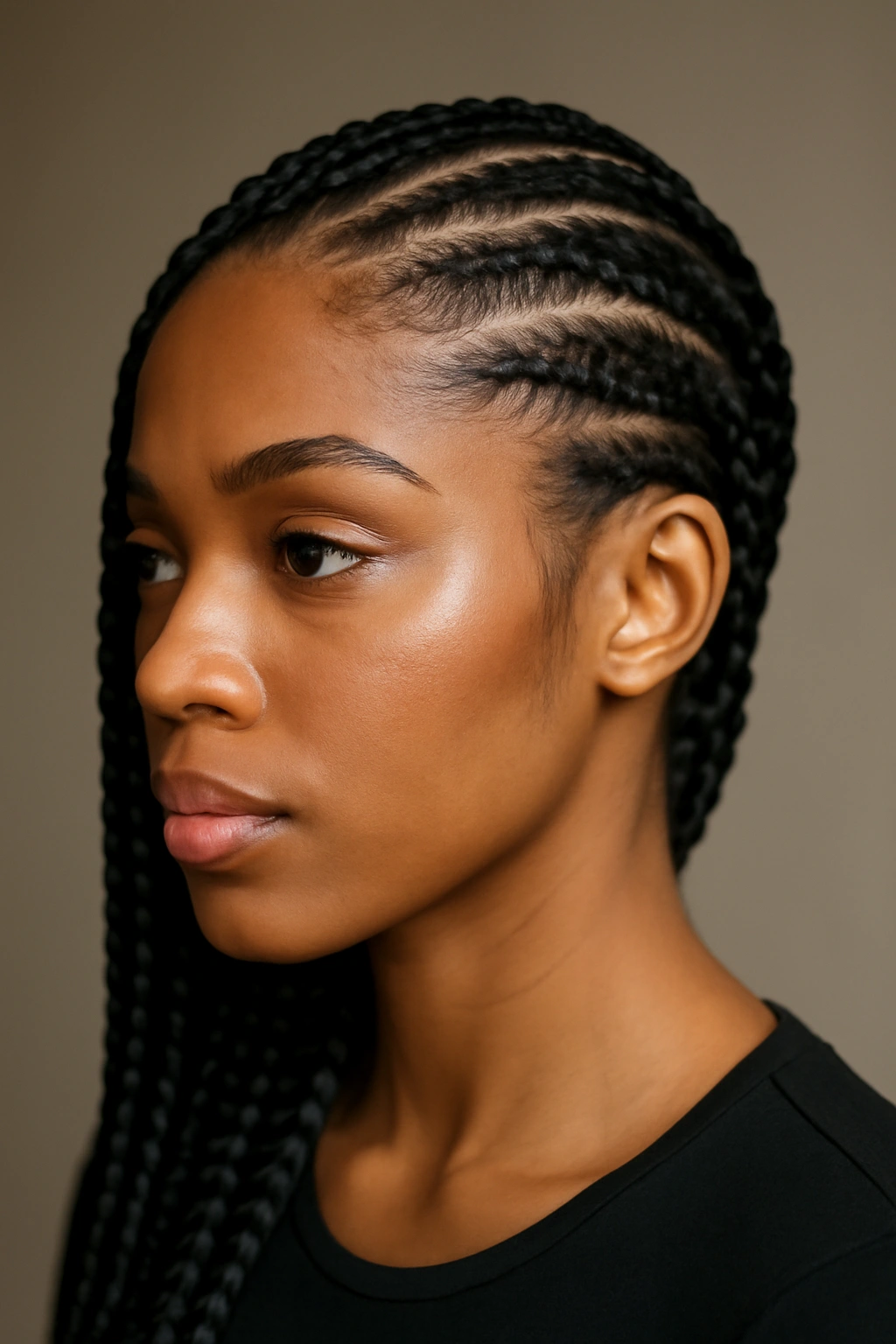 Close-up of lemonade braids on a Black woman with a side-swept cornrow pattern