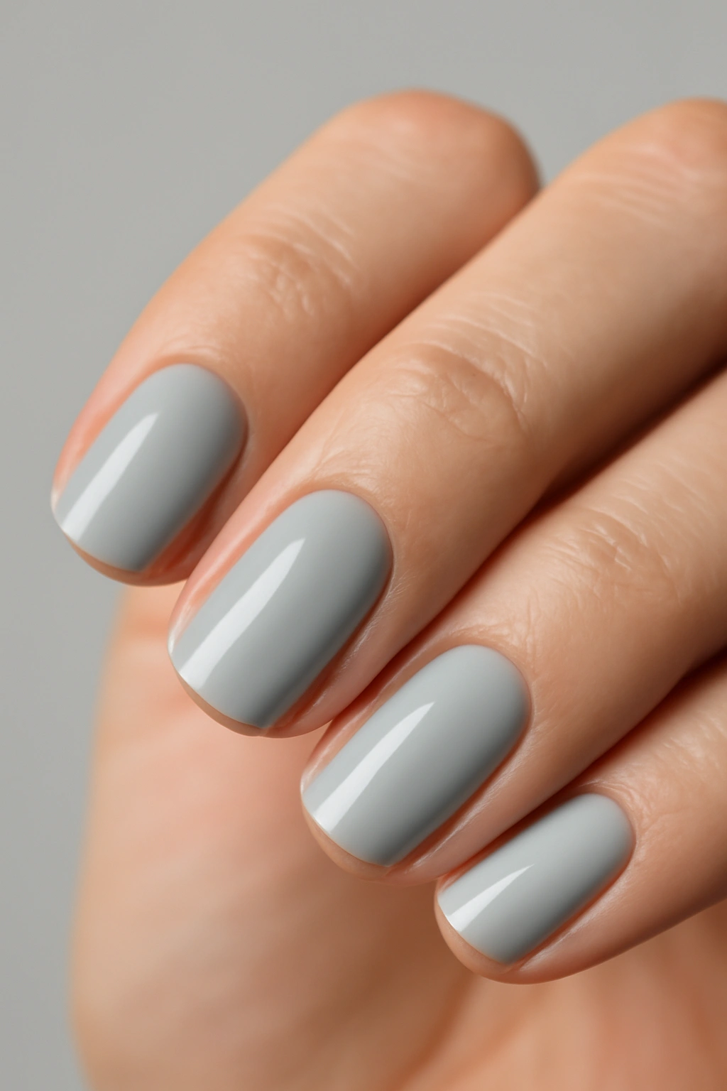 Close-up of a hand with light gray nails in a sleek, professional finish under balanced studio lighting