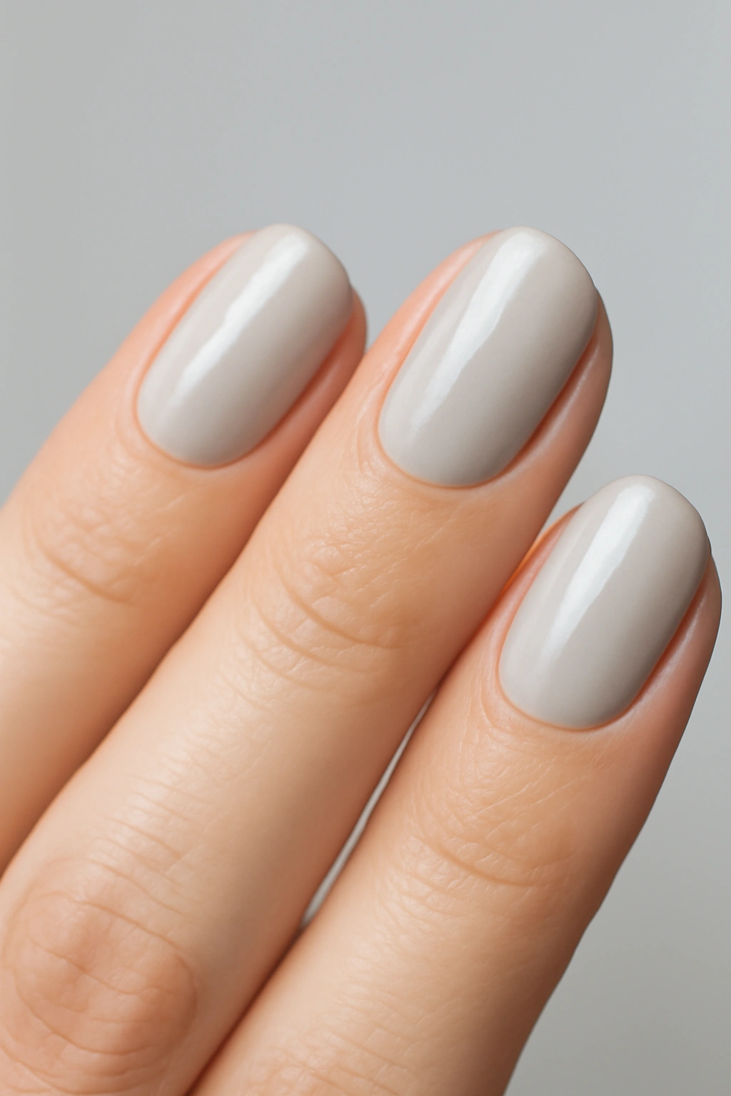 Close-up of light grey nails with subtle sheen