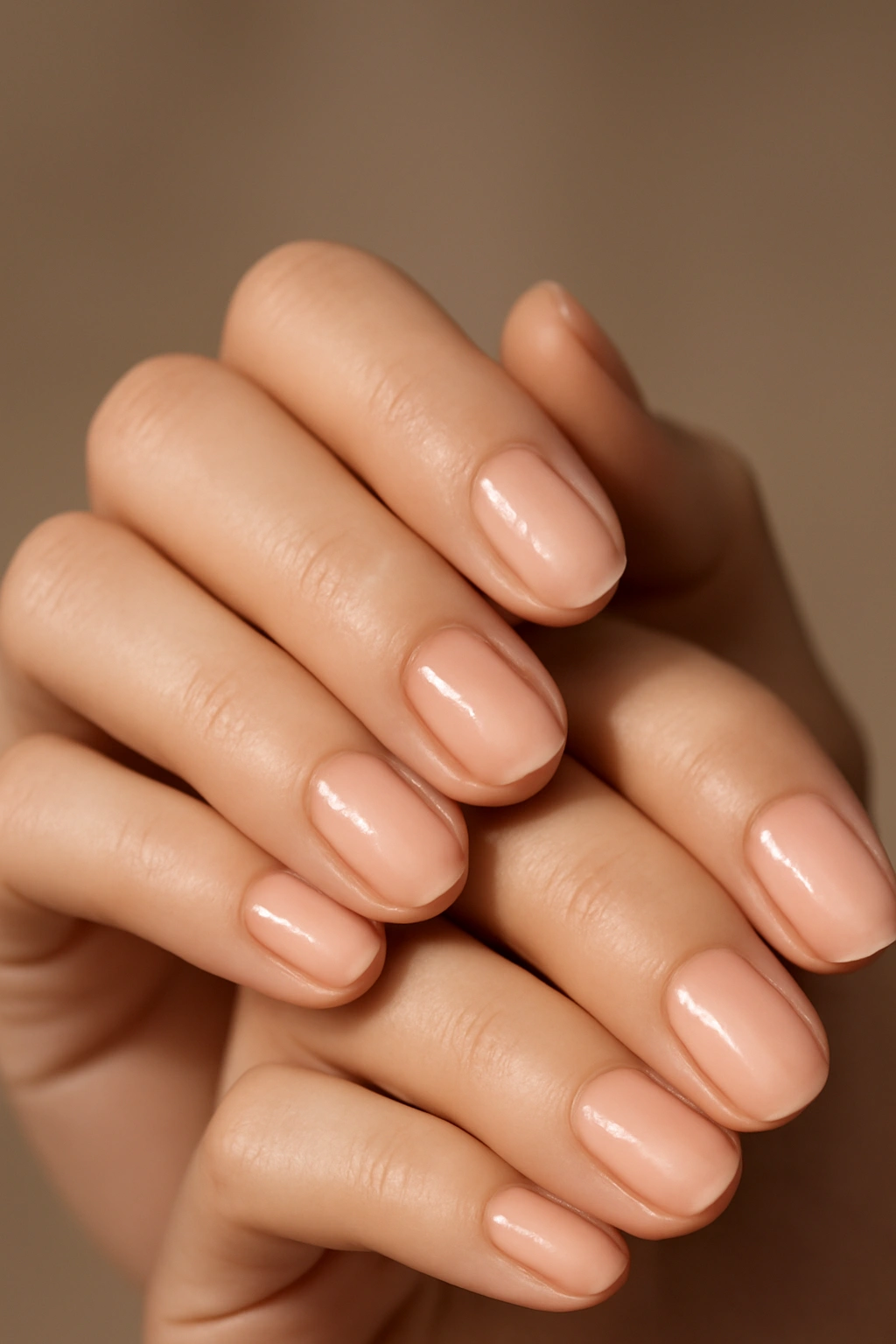 Close-up of light peach nails with a subtle gloss