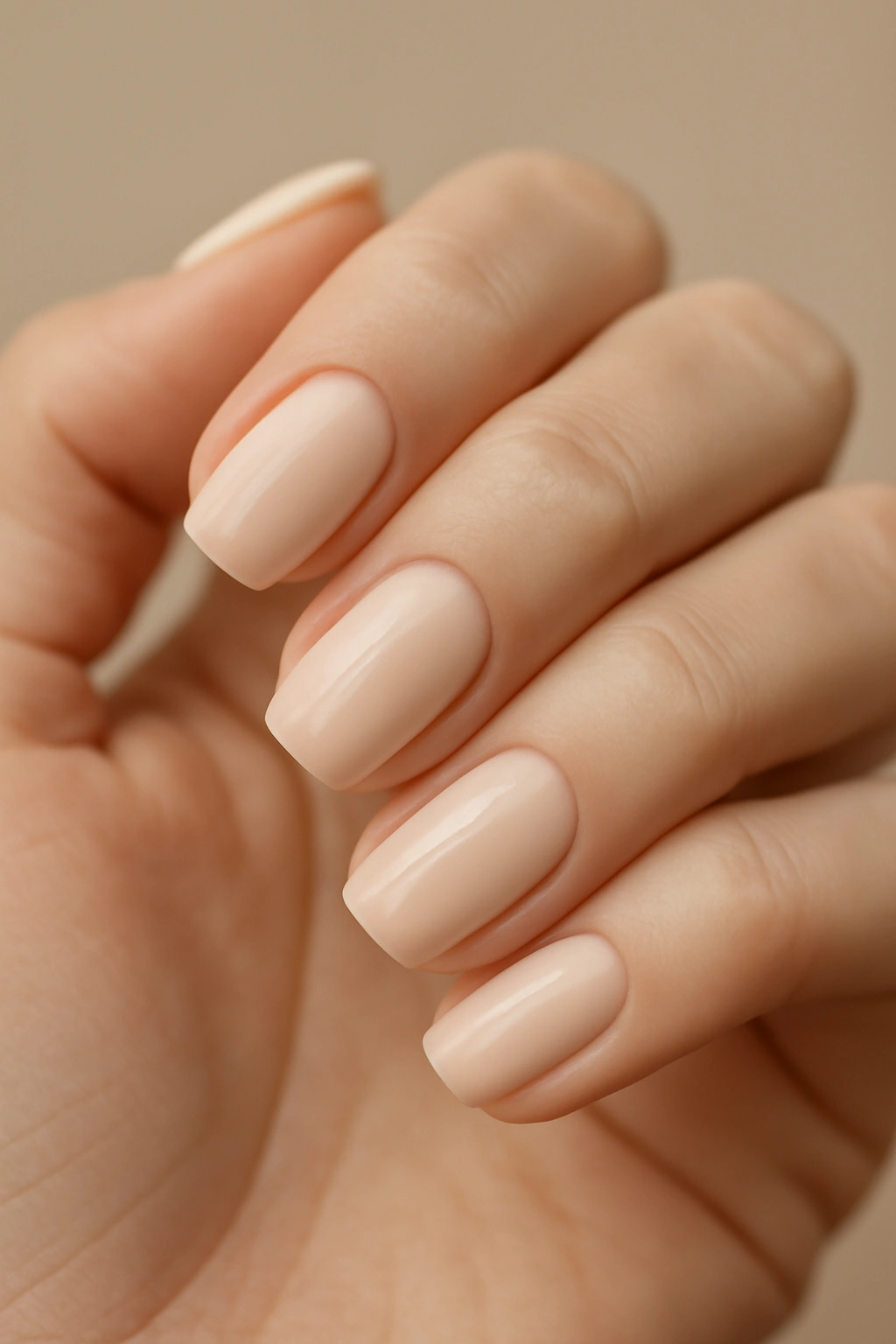 Close-up of nails in pale peach shade on a hand