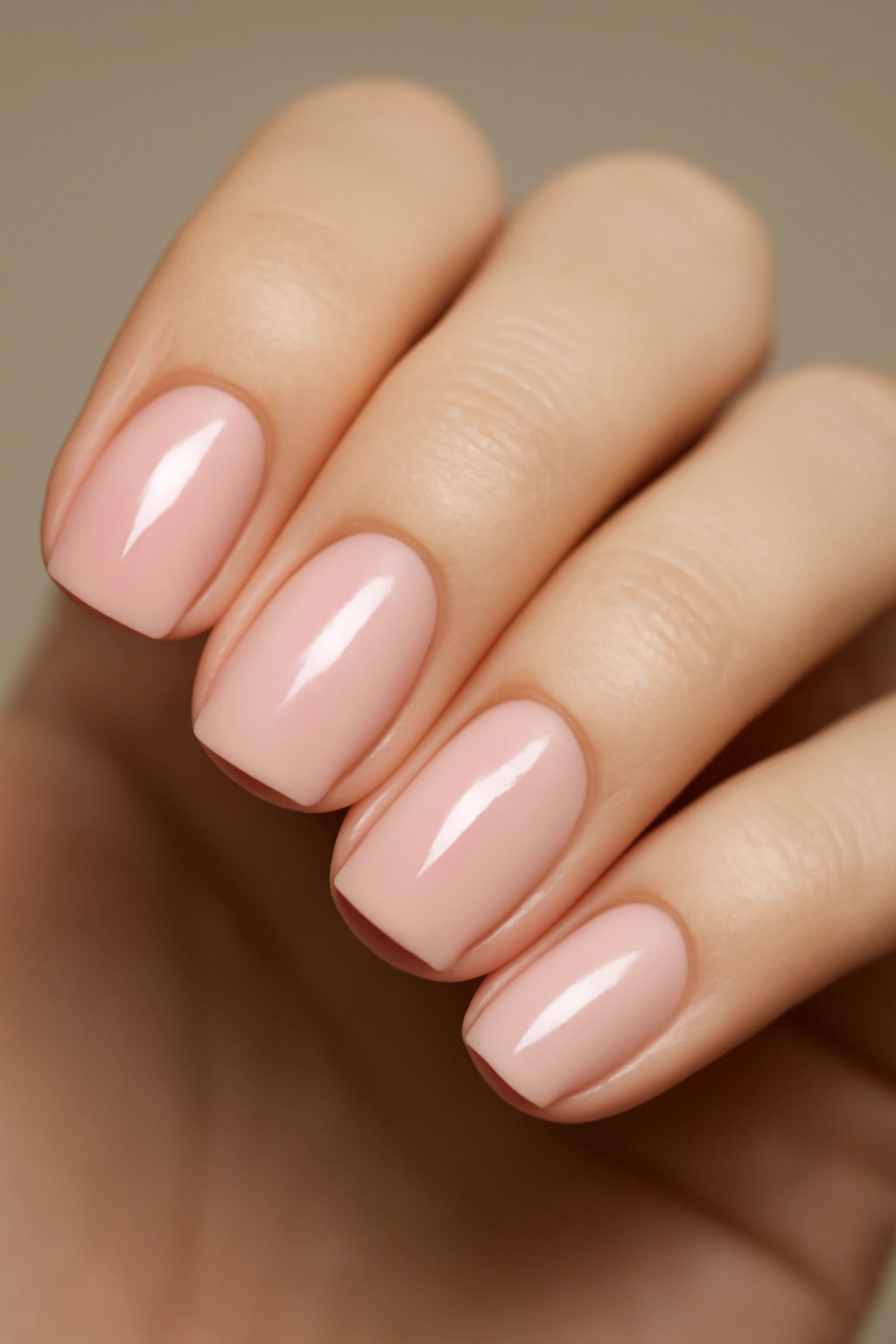 Close-up of nails painted in soft light pink for a delicate, professional look.