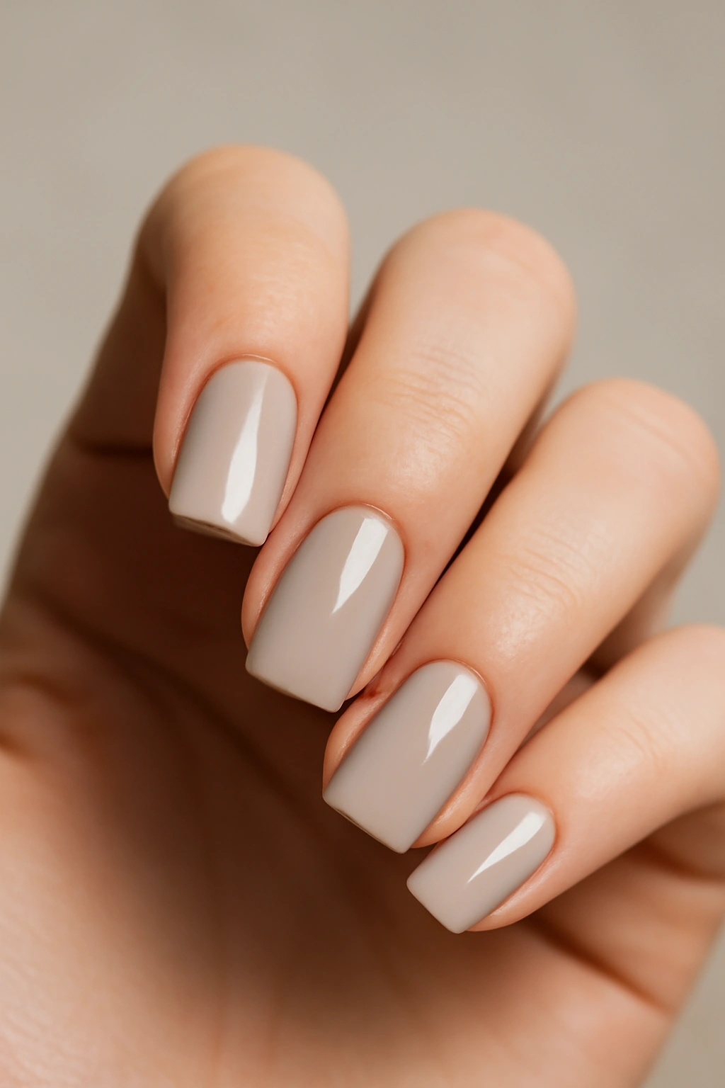 Close-up of light taupe square nails on a hand