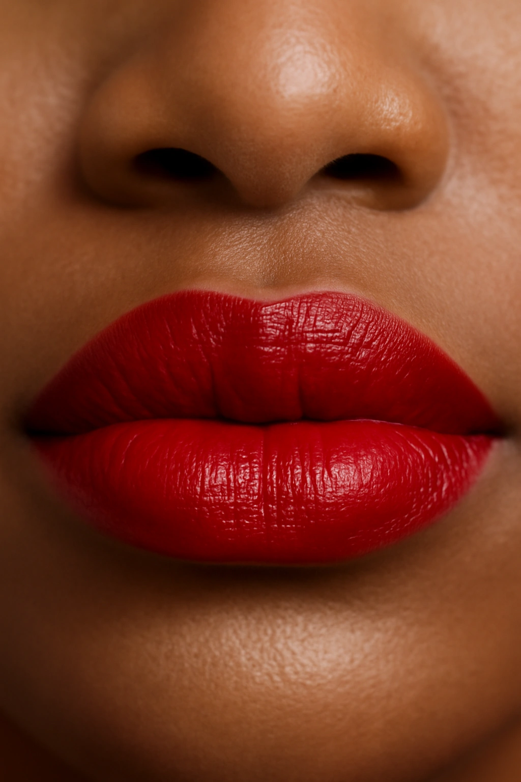 Close-up of lips in true red lipstick with blue undertones