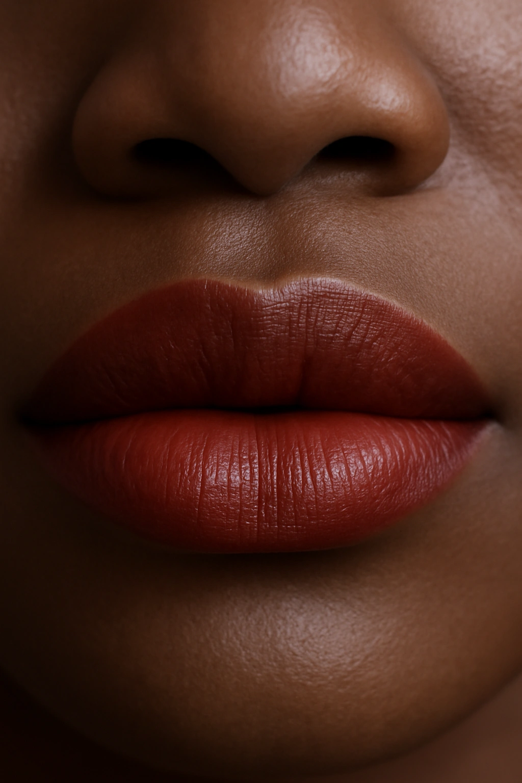 Close-up of smooth lipstick application on lips with soft finish