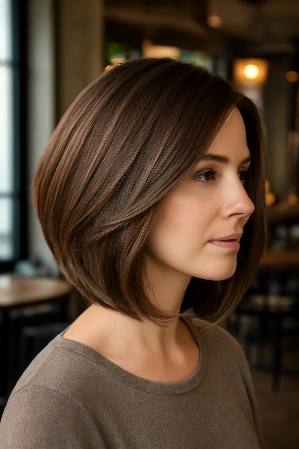 Long stacked bob or lob at collarbone length with subtle volume layers