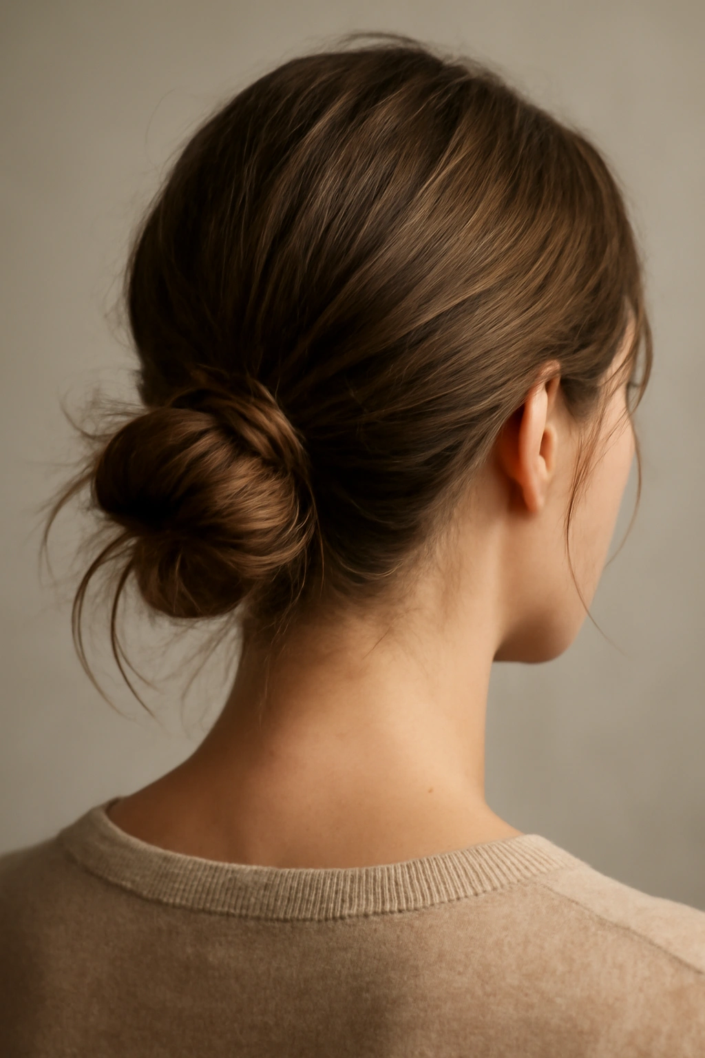 Low messy bun at the nape of the neck