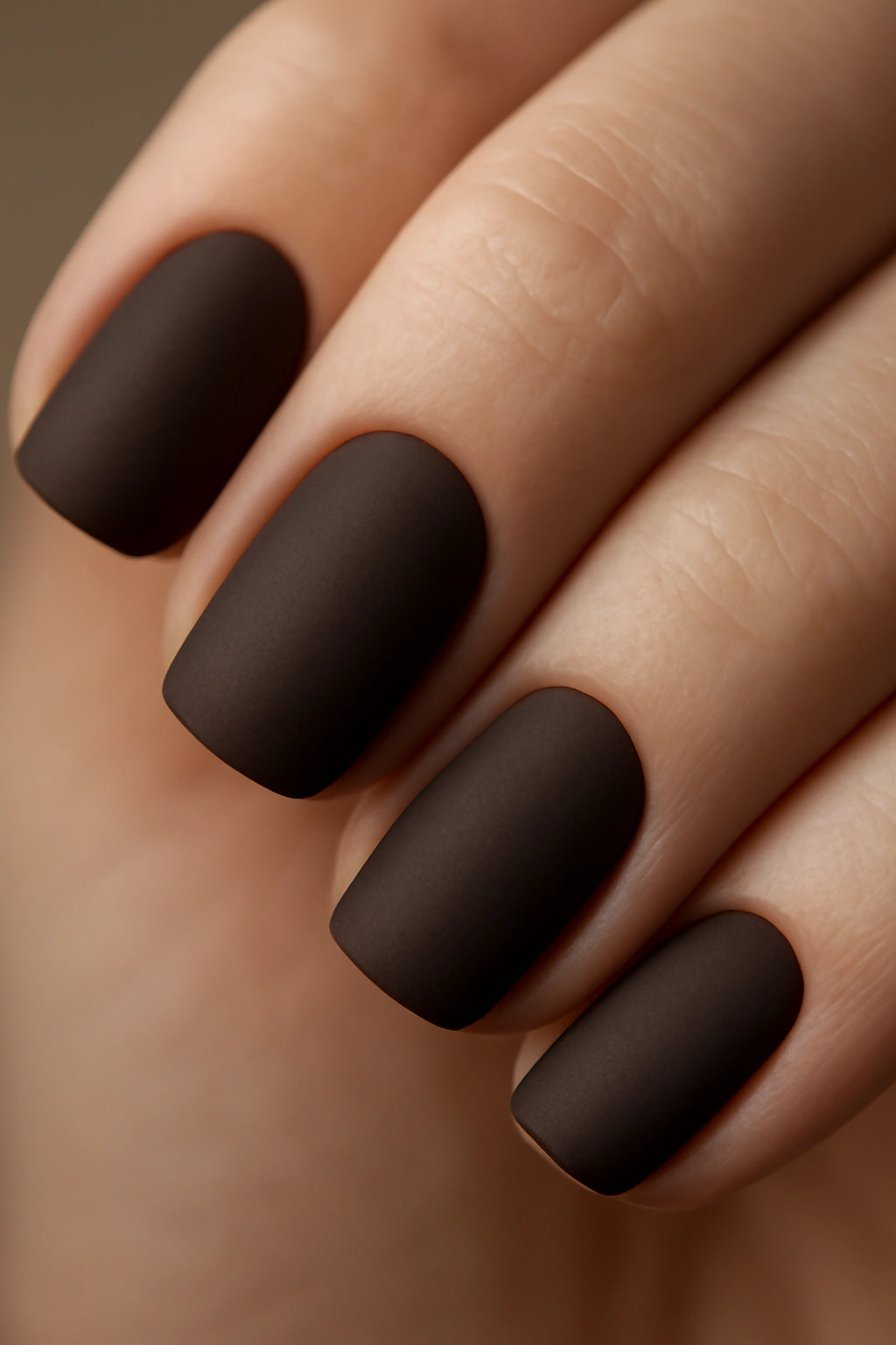 Close-up of nails with matte finish in a deep neutral color