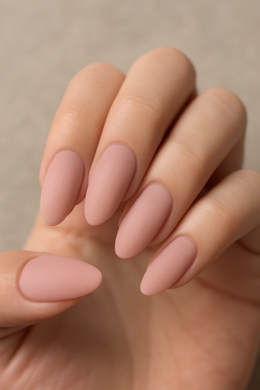 Matte clear pink almond nails close-up