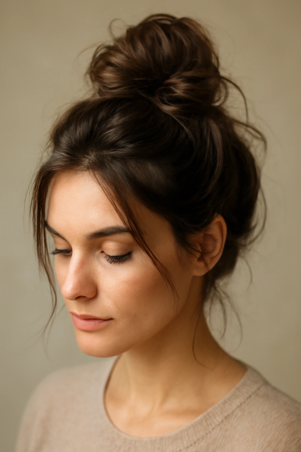Messy bun hairstyle with loose face-framing strands in a studio setting