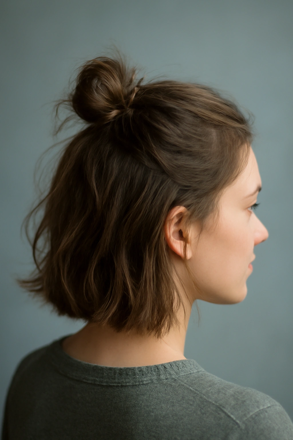 Close-up of short hair with a small messy bun on top as part of a half-up hairstyle.
