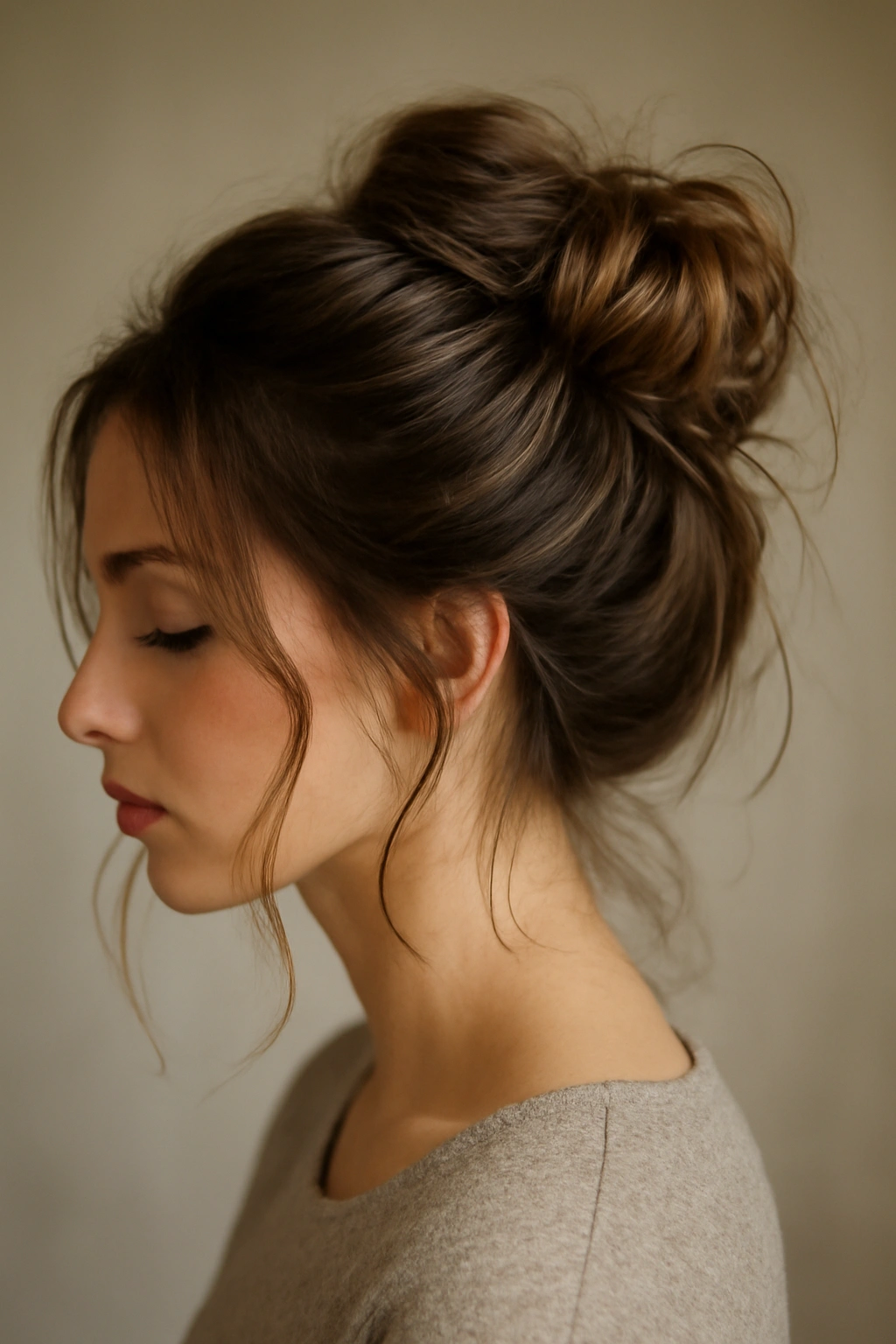Casual messy bun with loose strands framing the face