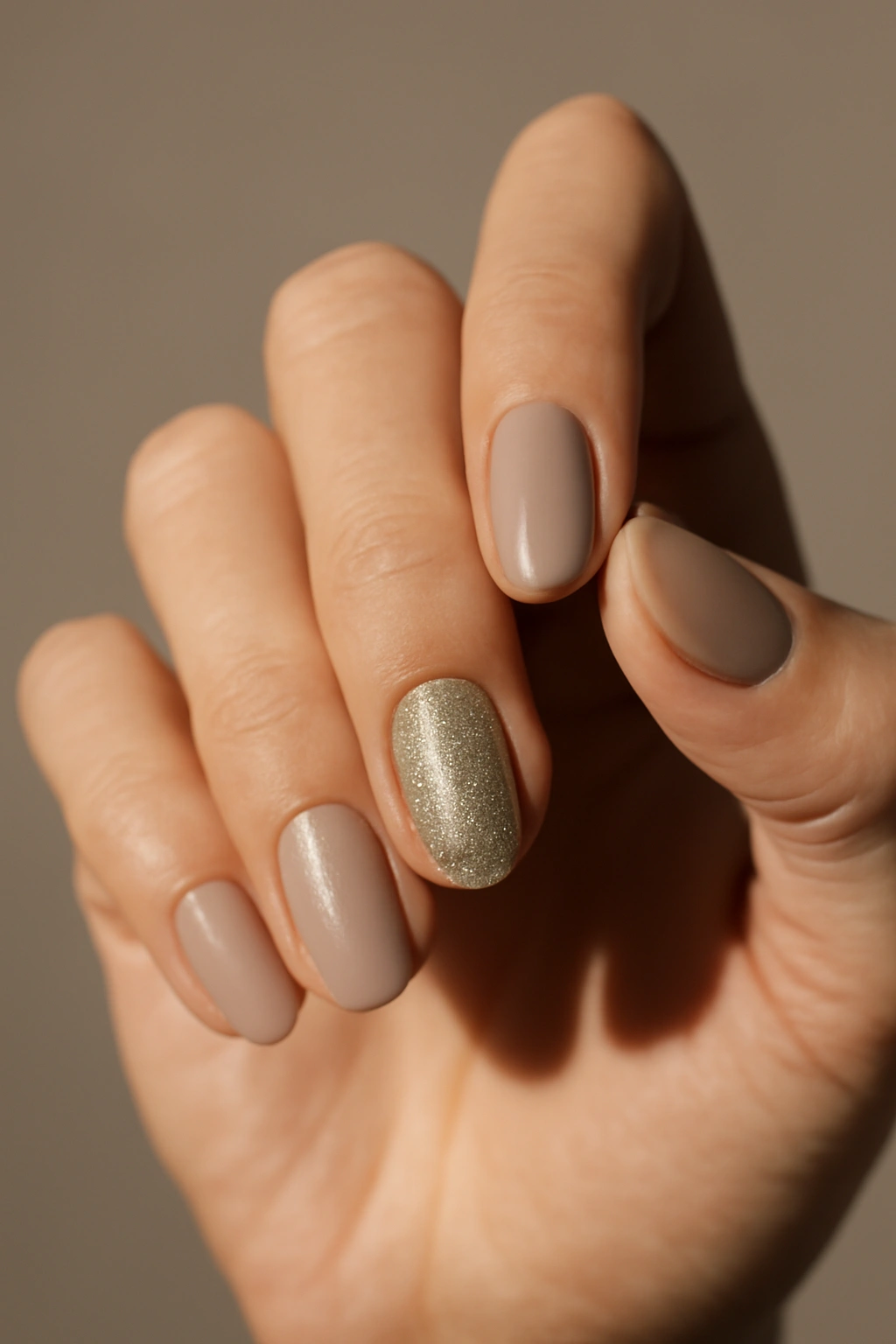 Close-up of hands with metallic accent nails on neutral nails