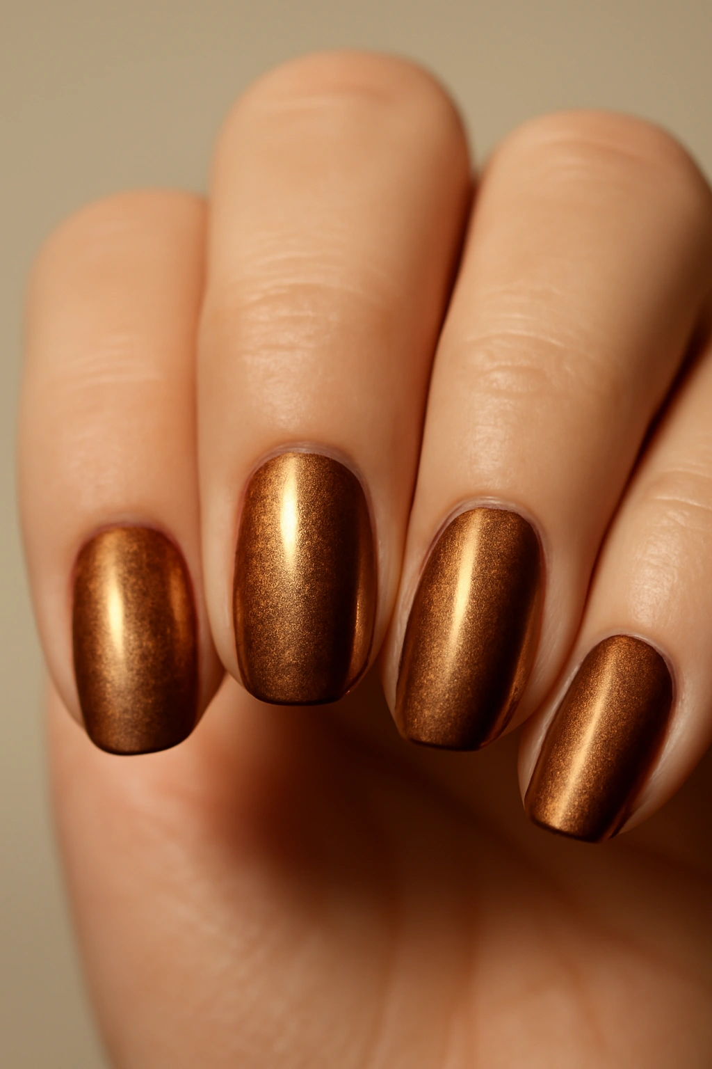 Close-up of metallic bronze nails with glossy shimmer