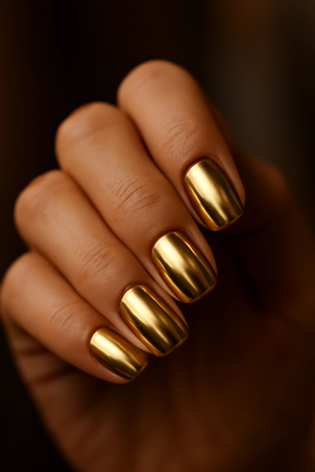 Close-up of metallic gold nails with reflective shine