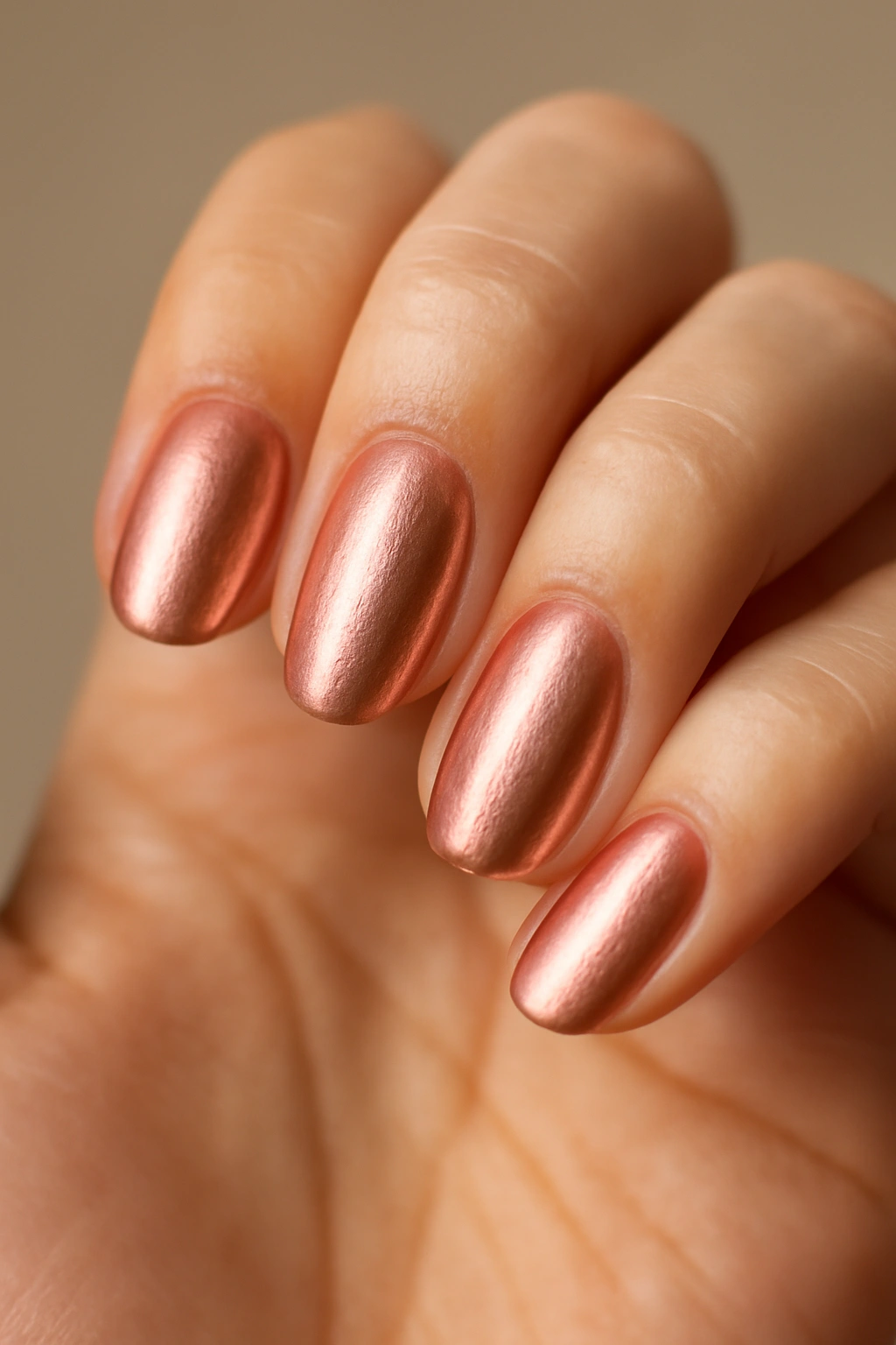 Close-up of metallic rose gold nails on a hand with a neutral background